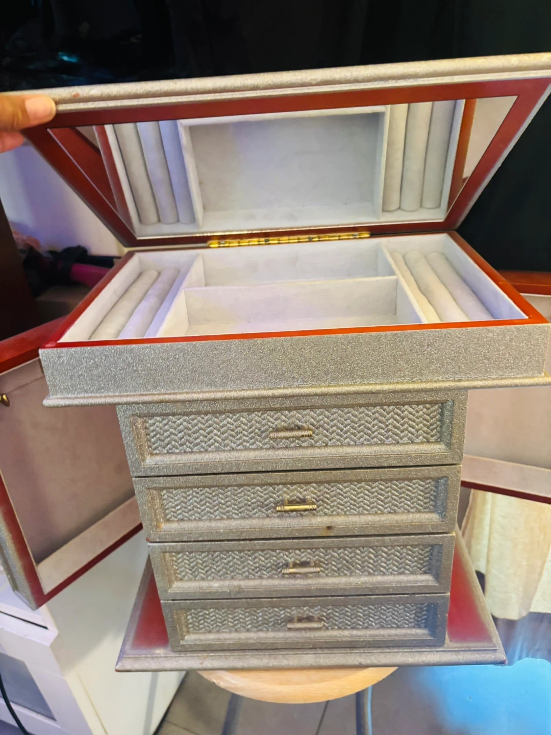 Wooden Jewelry Box with 4 Drawers and Mirror