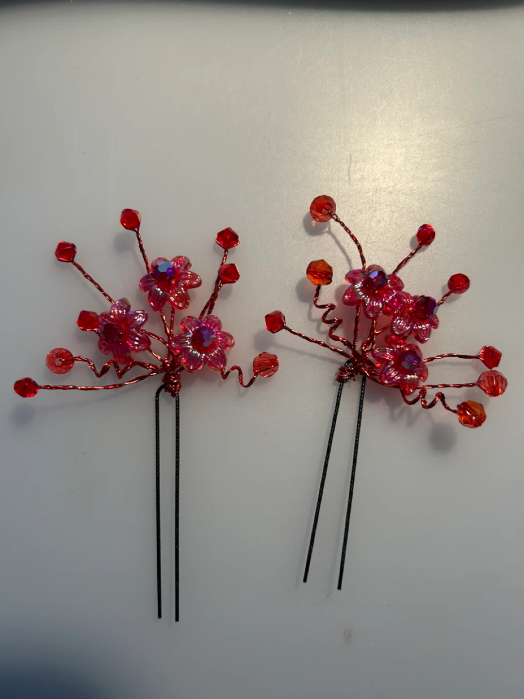 Set of 2 Red Beaded Flower Hair Pins