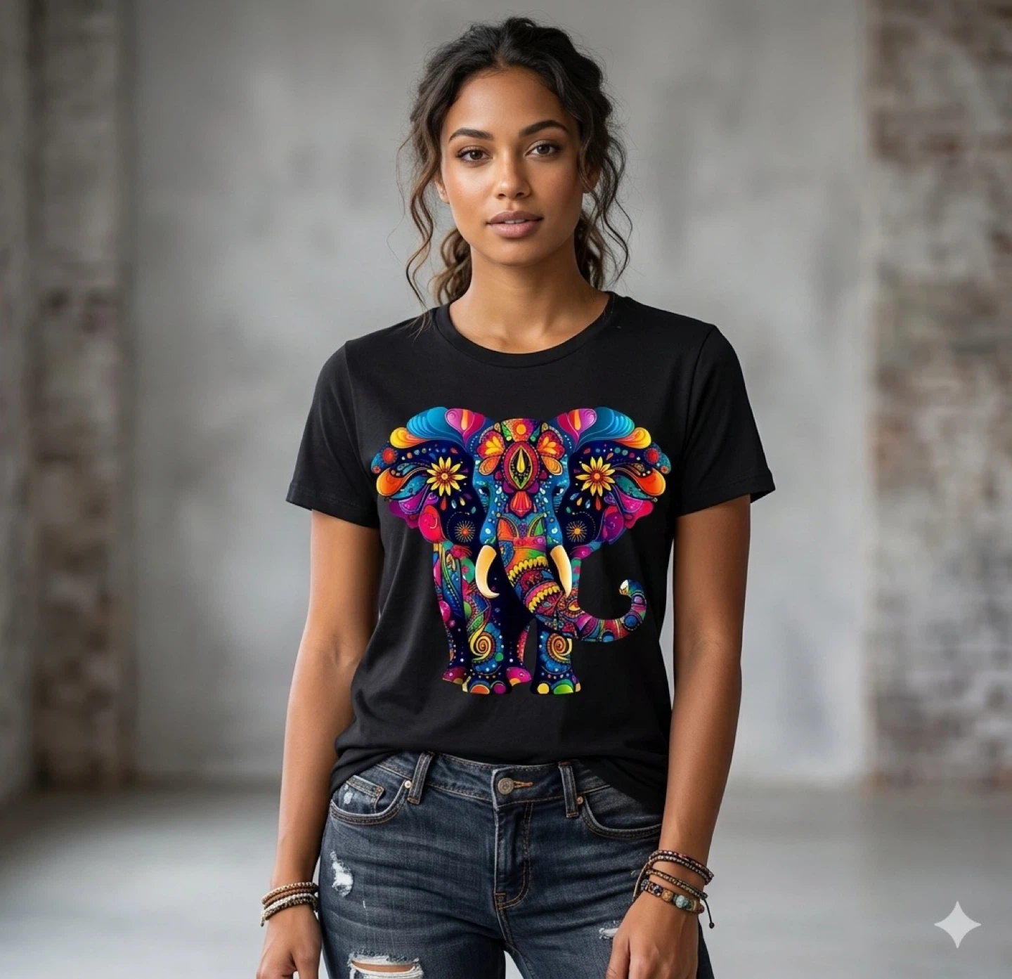 Women's Black T-Shirt with Colorful Elephant Graphic