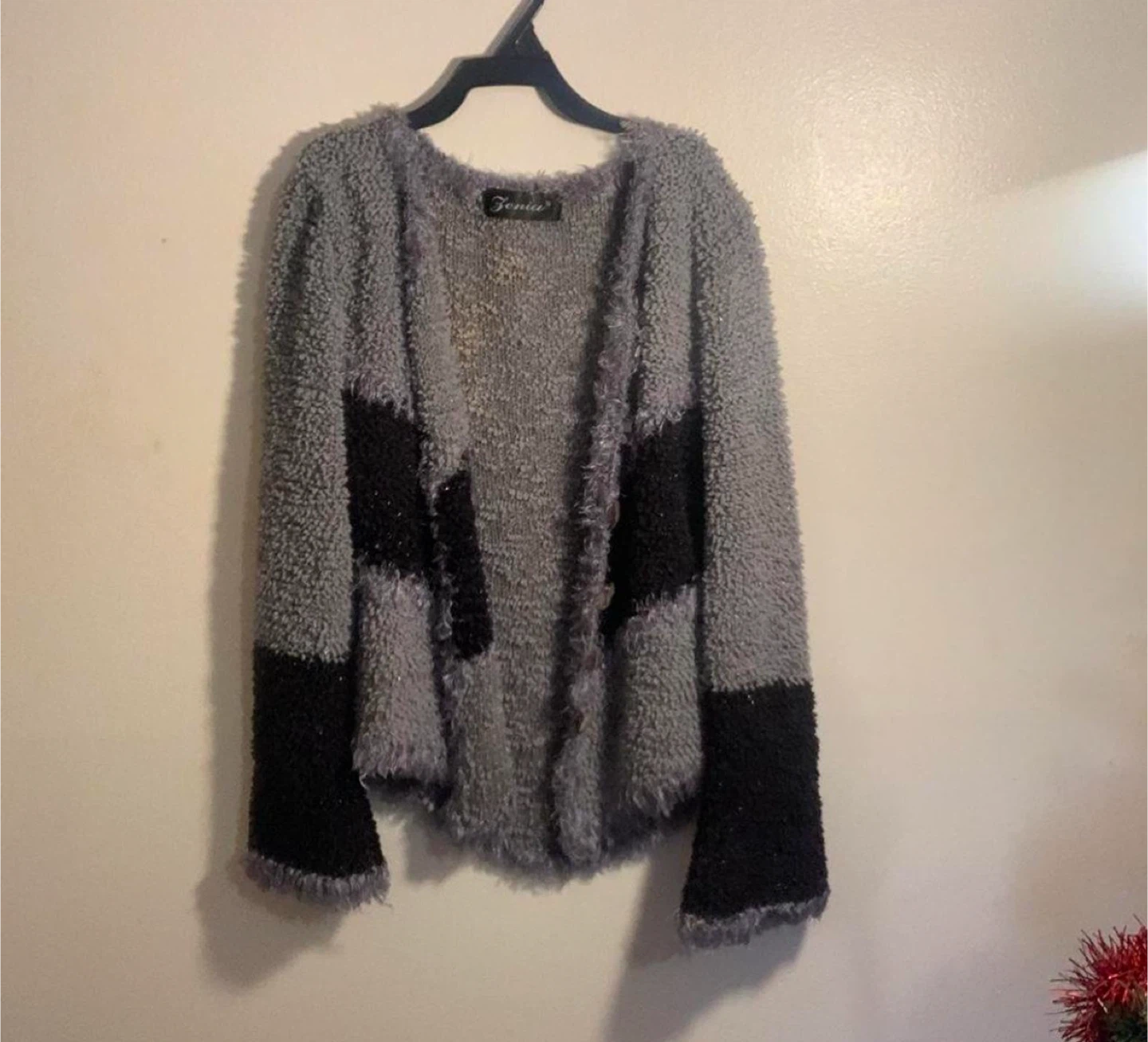 Grey & Black Patchwork Fuzzy Cardigan
