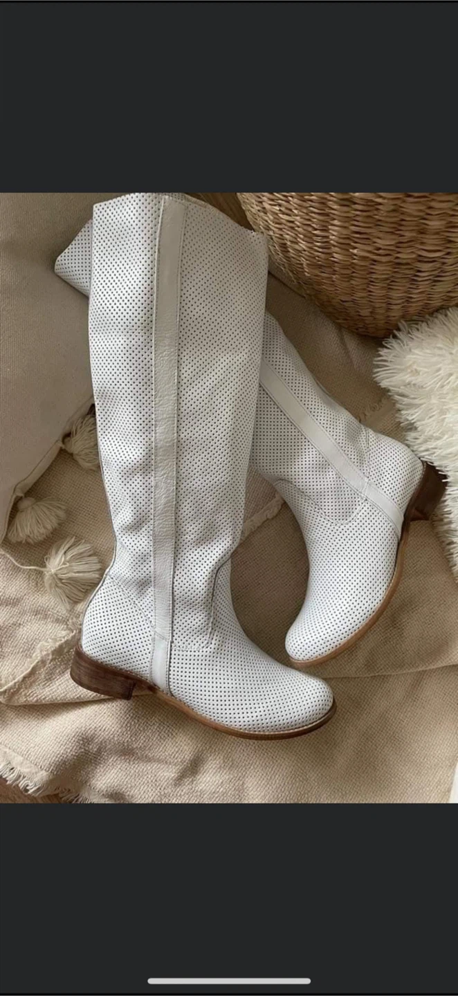White Perforated Knee-High Boots