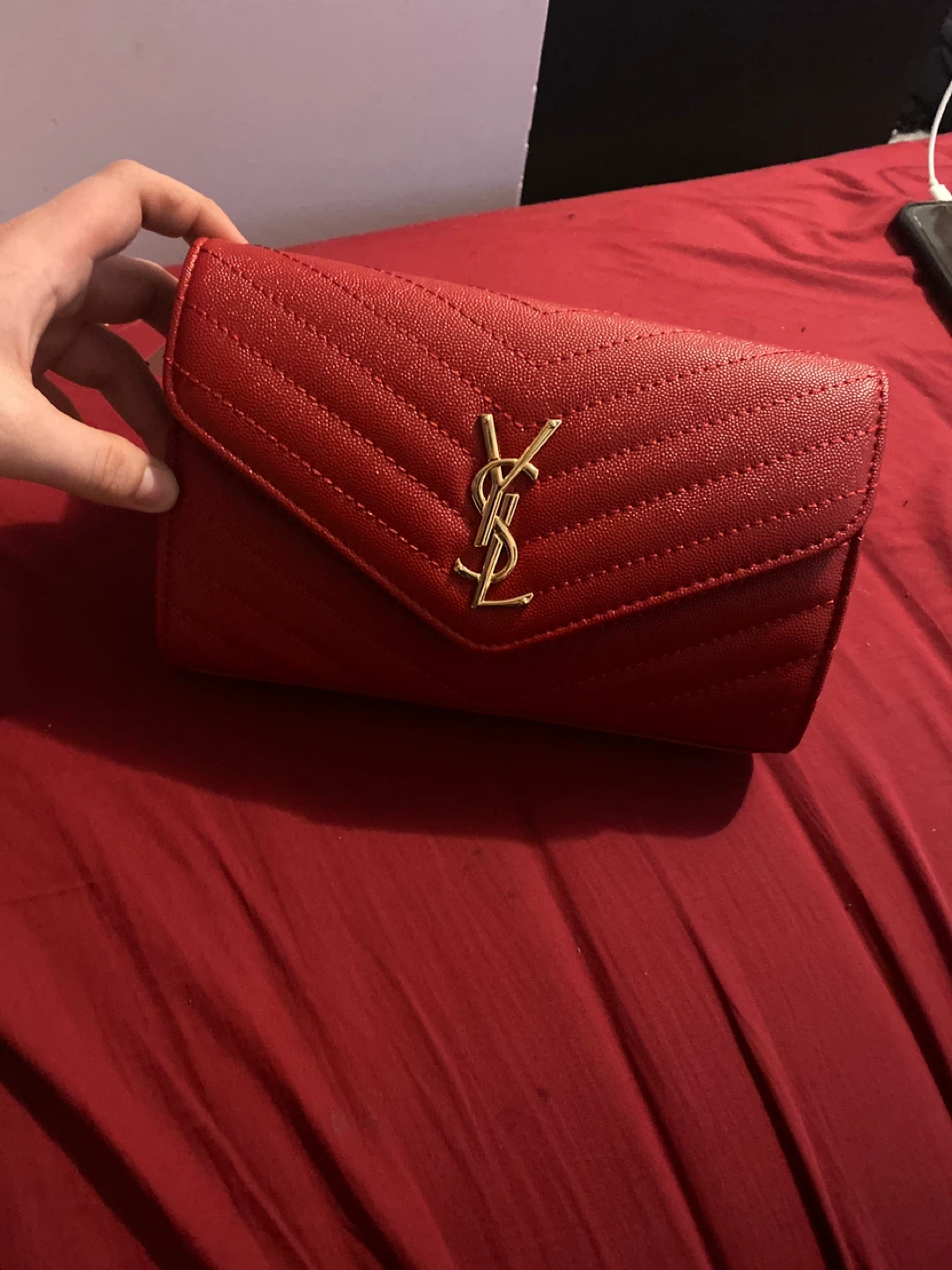 Saint Laurent Red Quilted Monogram Wallet Chain Bag - photo 2