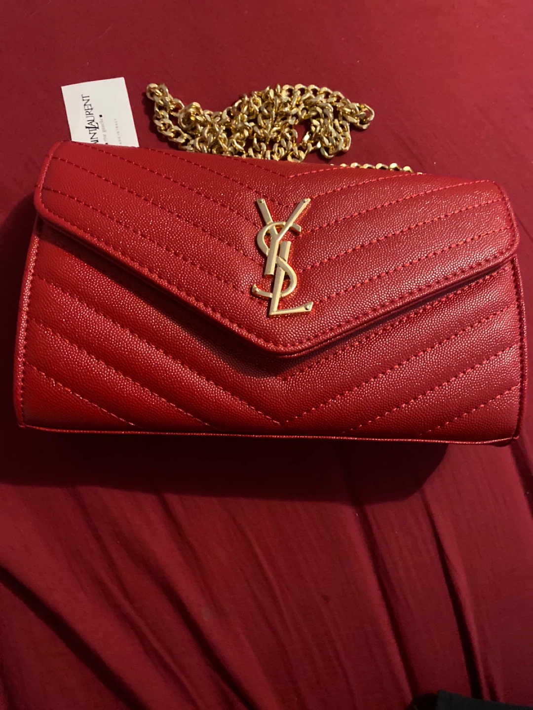 Saint Laurent Red Quilted Monogram Wallet Chain Bag
