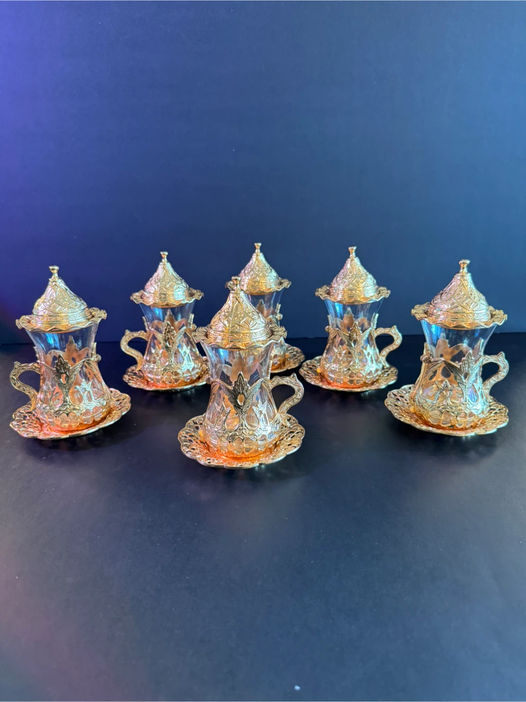 Set of 6 Gold Tea Glasses with Saucers