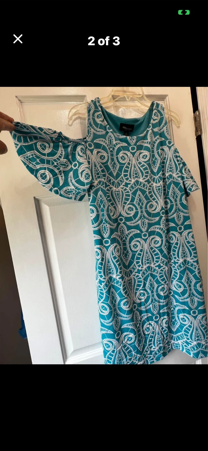 Teal and White Pattern Cold Shoulder Dress