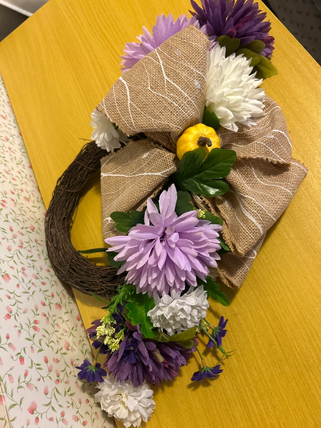 Floral Wreath with Burlap Bow and Pumpkin Accent - photo 2