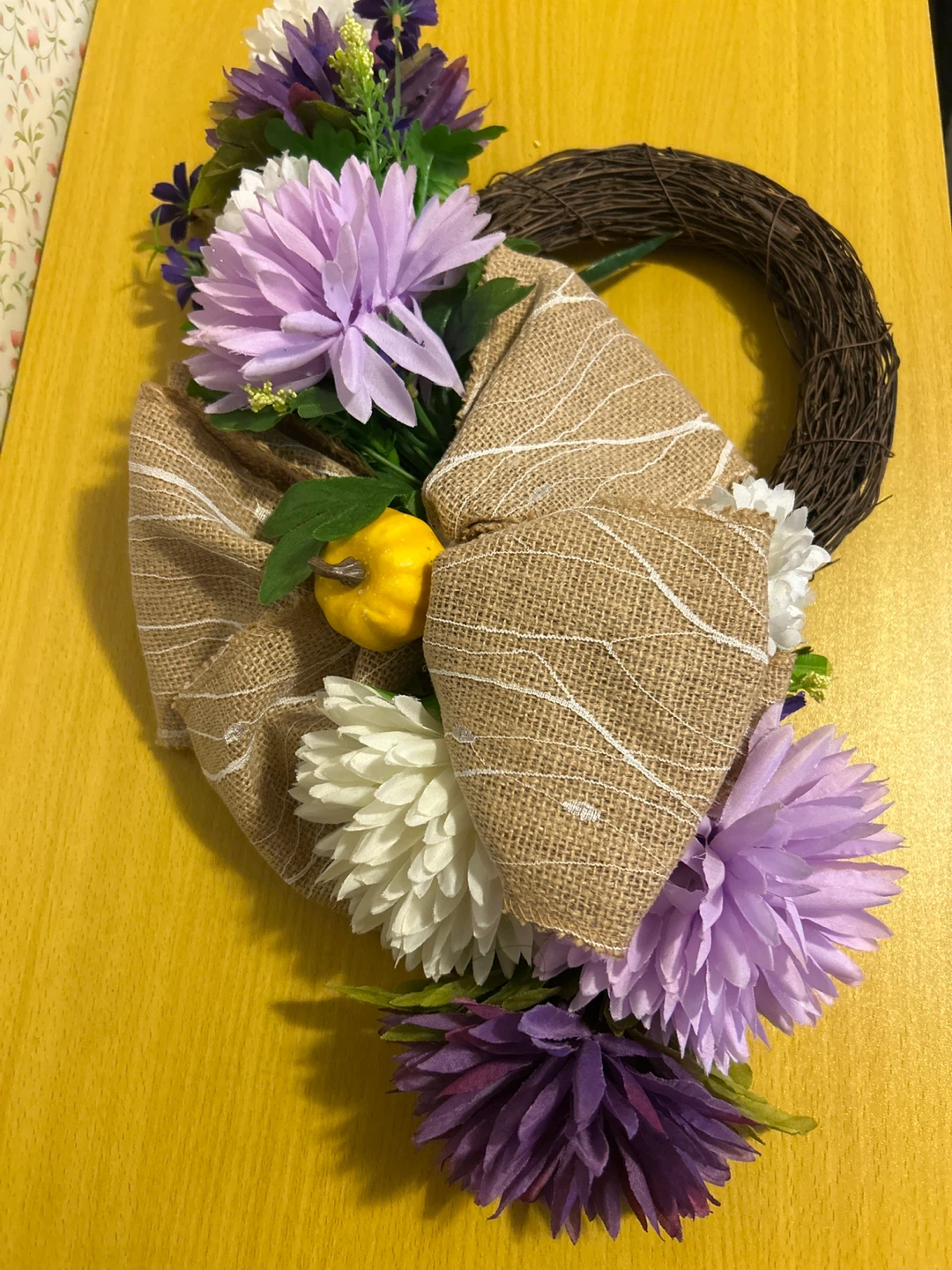 Floral Wreath with Burlap Bow and Pumpkin Accent
