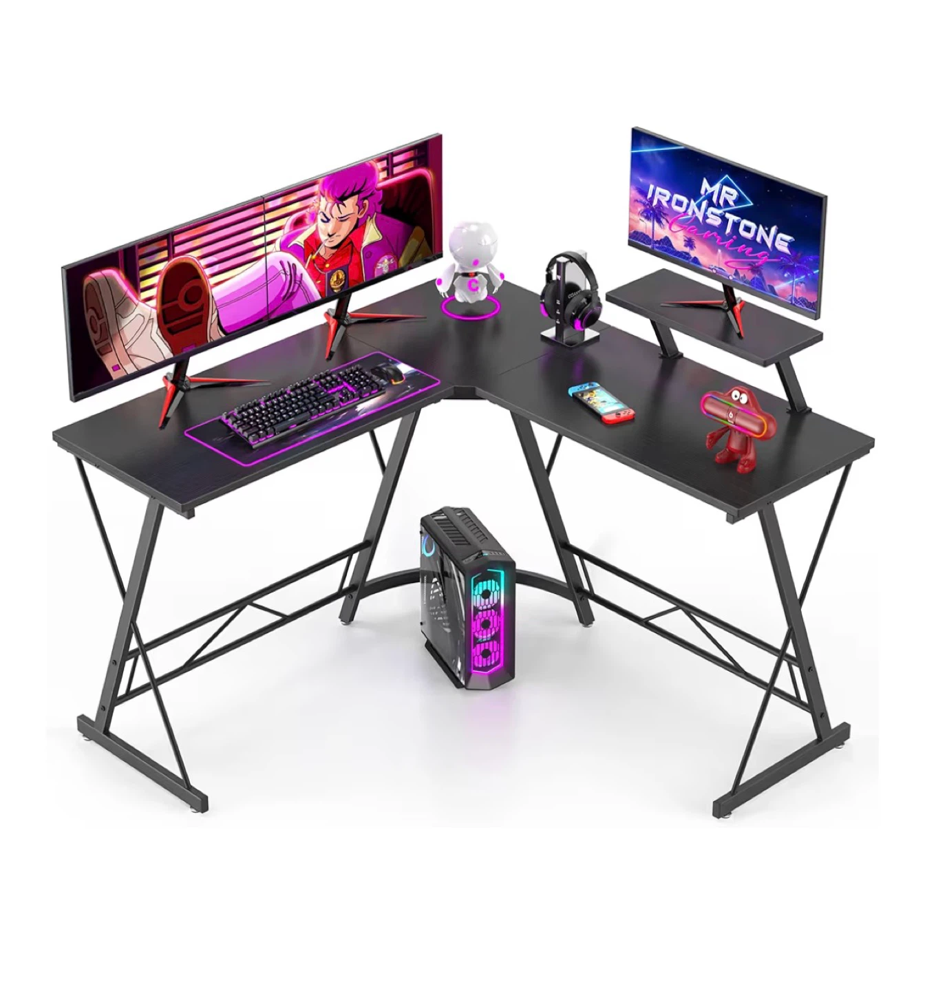 Black L-Shaped Gaming Desk w Monitor Stand