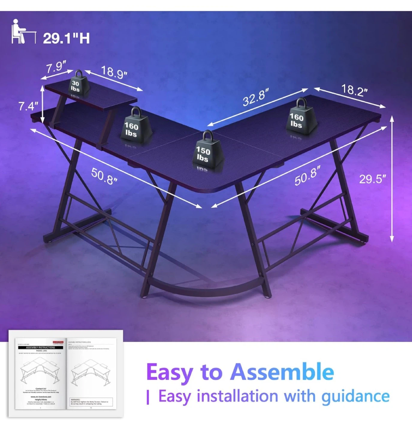 Black L-Shaped Gaming Desk w Monitor Stand - photo 2