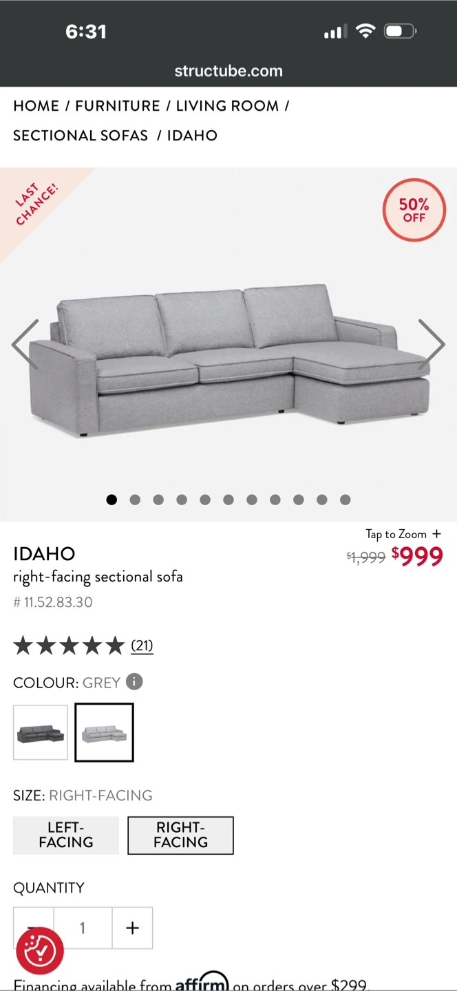 Structube Idaho Right-Facing Sectional Sofa - Grey - photo 2