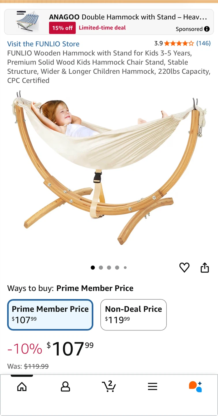 FUNLIO Double Hammock with Wooden Stand for Kids