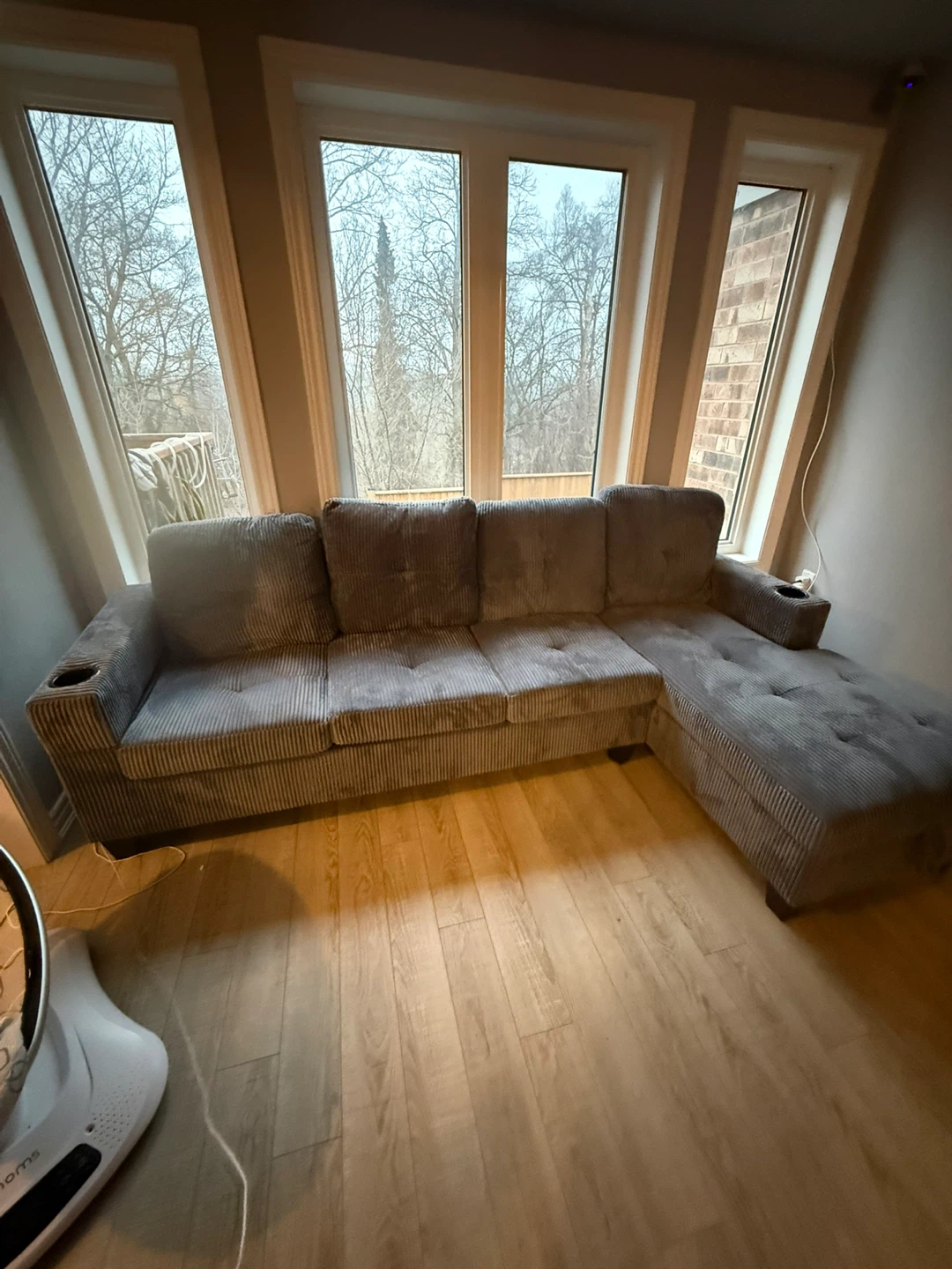 Grey Corduroy Sectional Sofa with Cupholders - photo 2