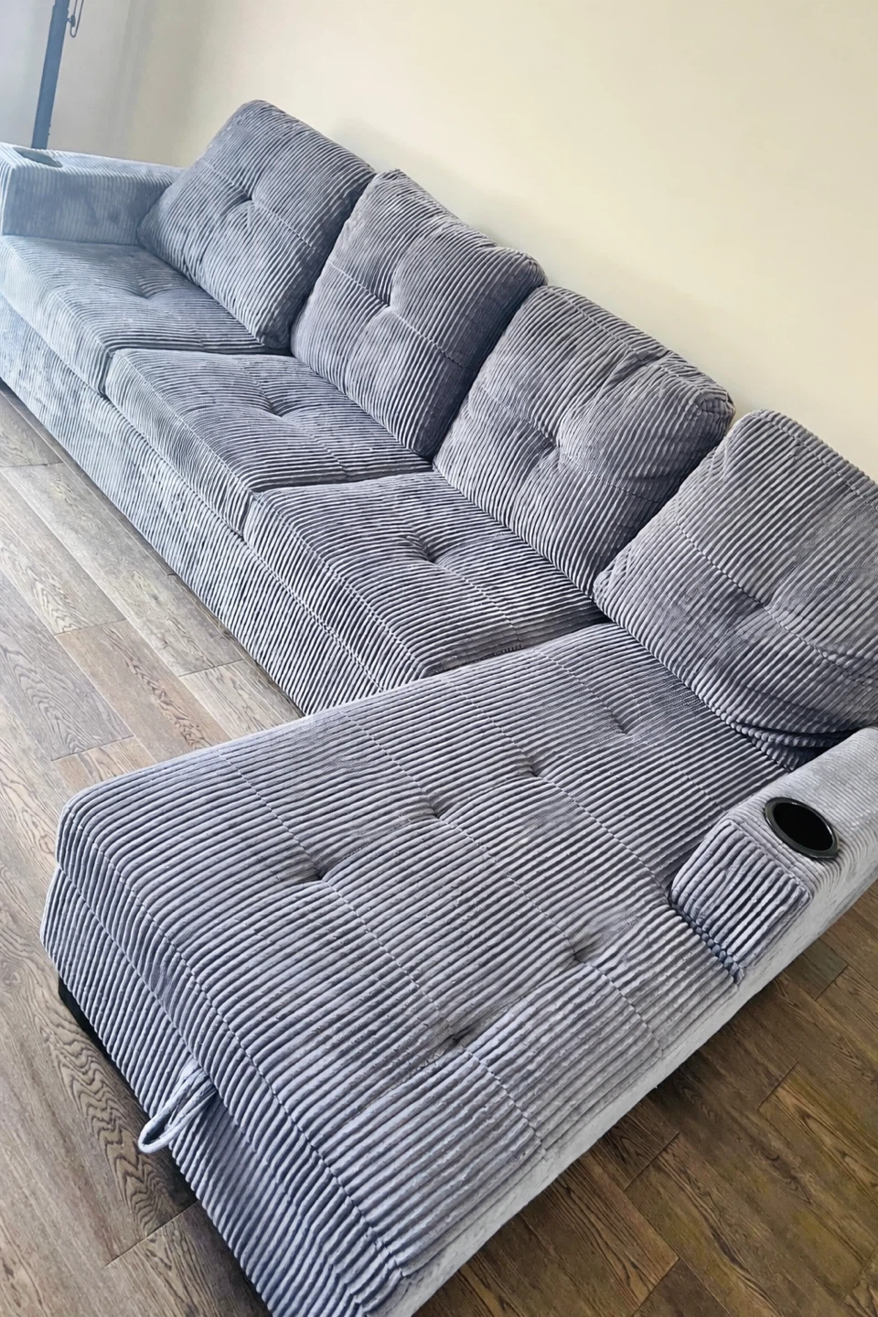 Grey Corduroy Sectional Sofa with Cupholders