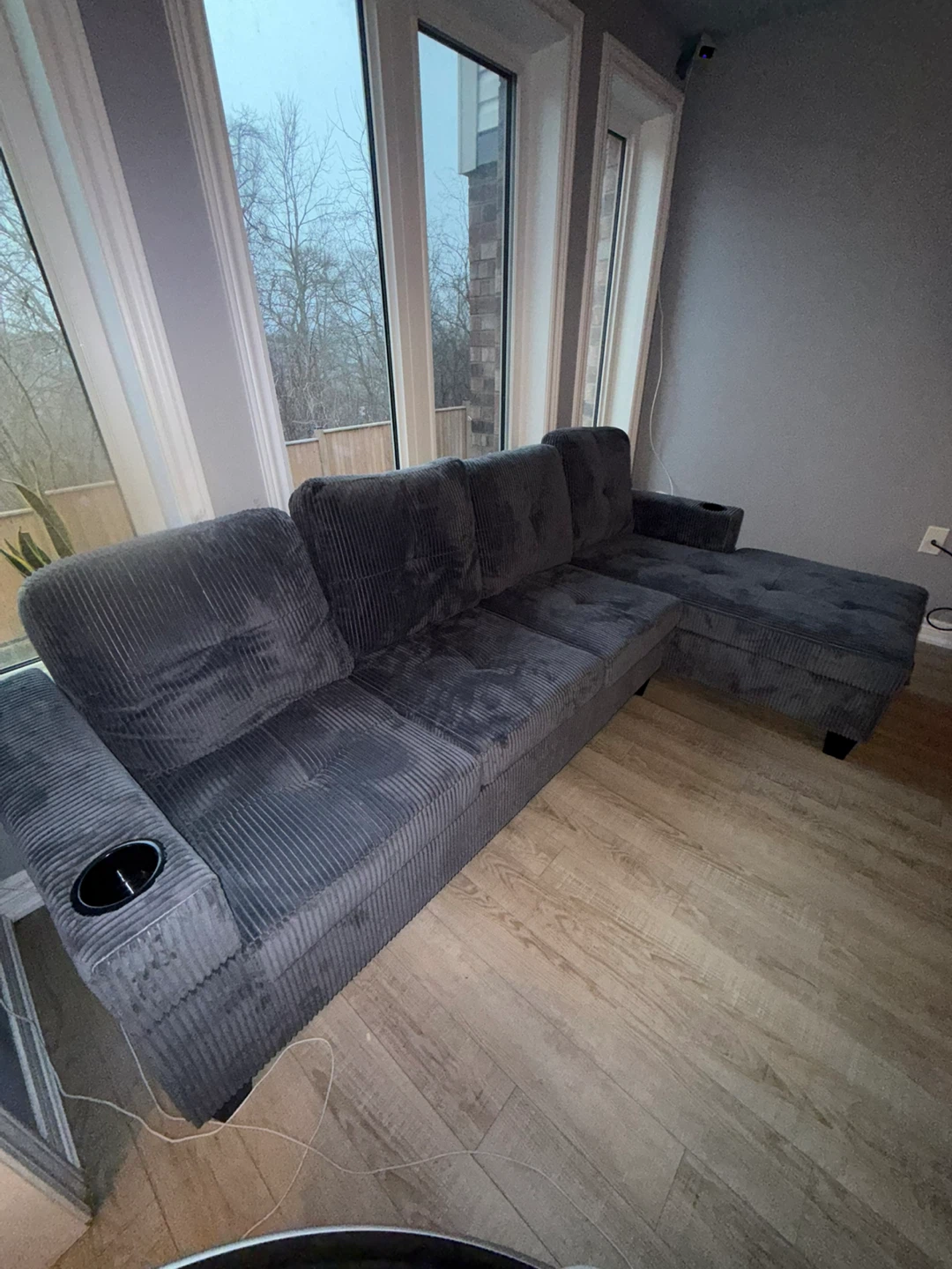Grey Corduroy Sectional Sofa with Cupholders - photo 3