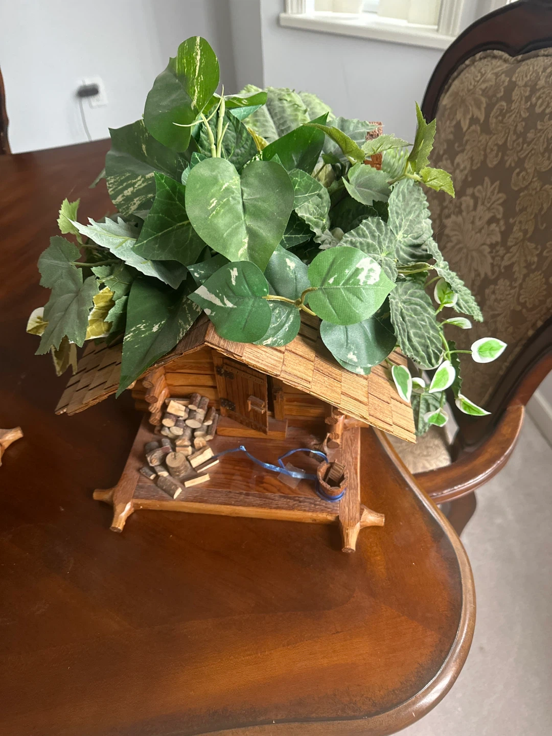 Wooden Log Cabin Decor with Faux Plants - photo 2