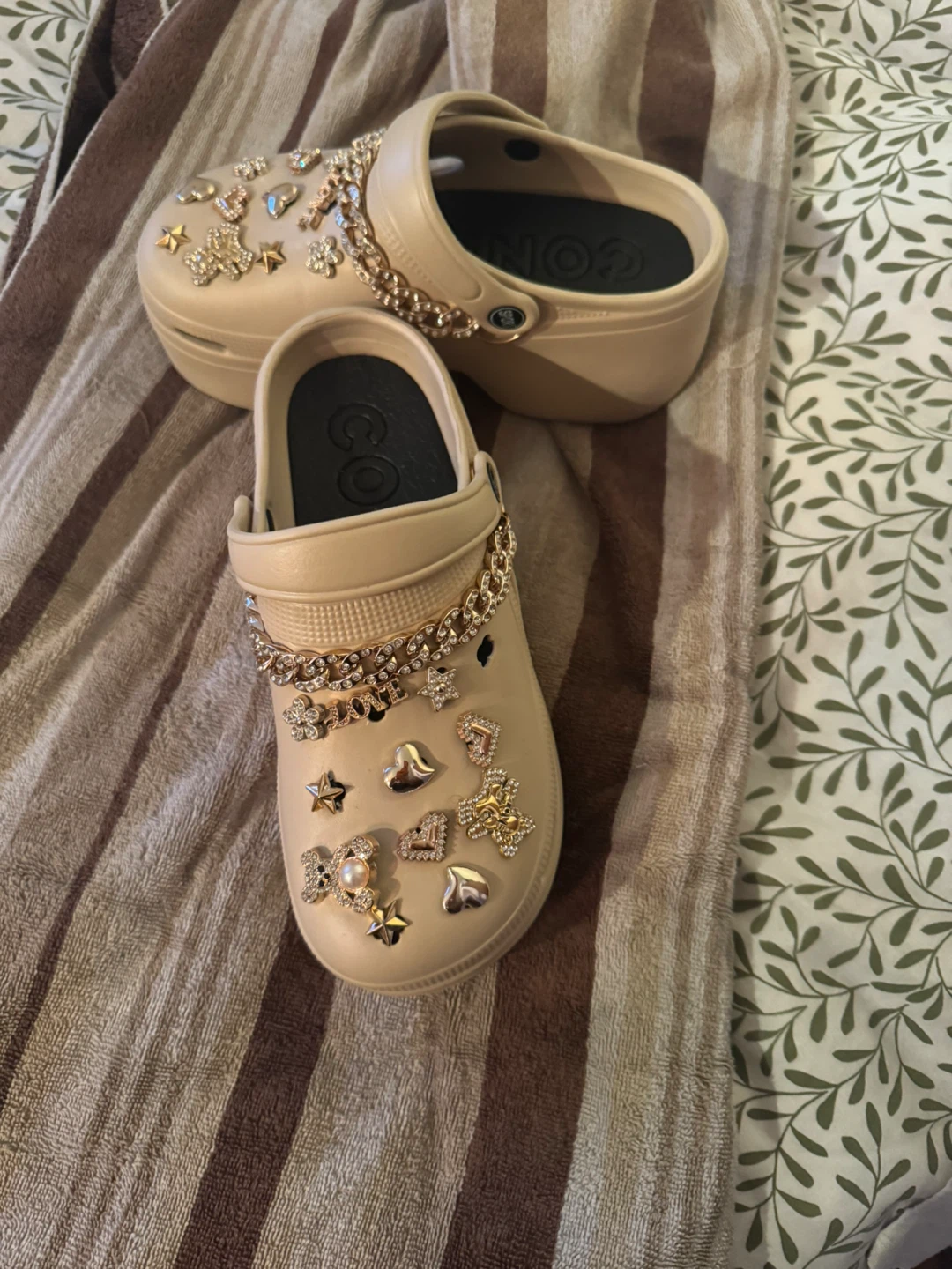 Beige Platform Clogs with Rhinestone Charms