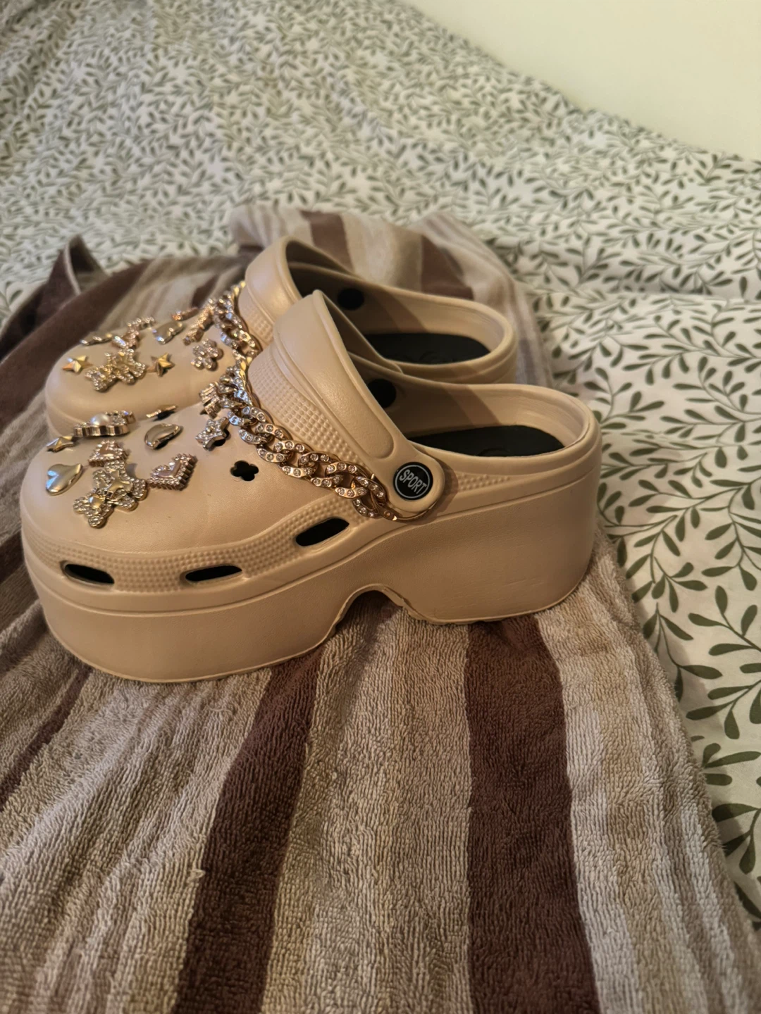 Beige Platform Clogs with Rhinestone Charms - photo 2