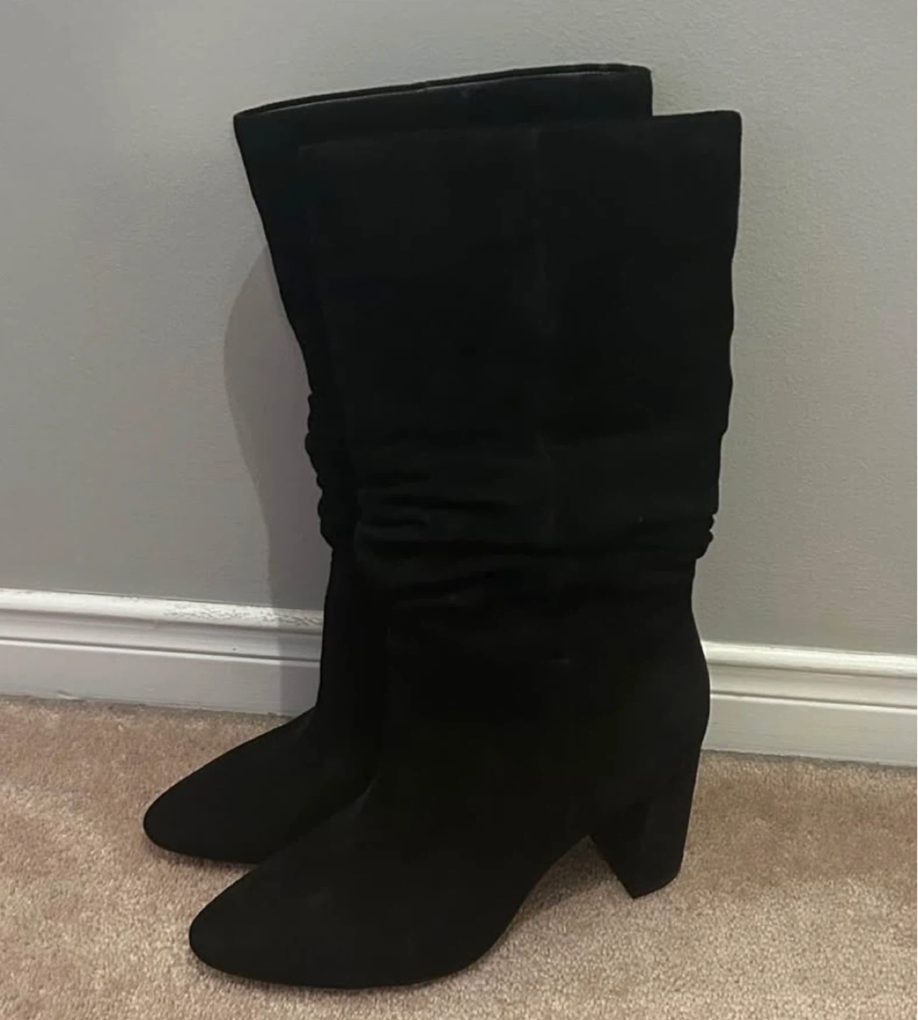 Black Suede Ruched Heeled Boots