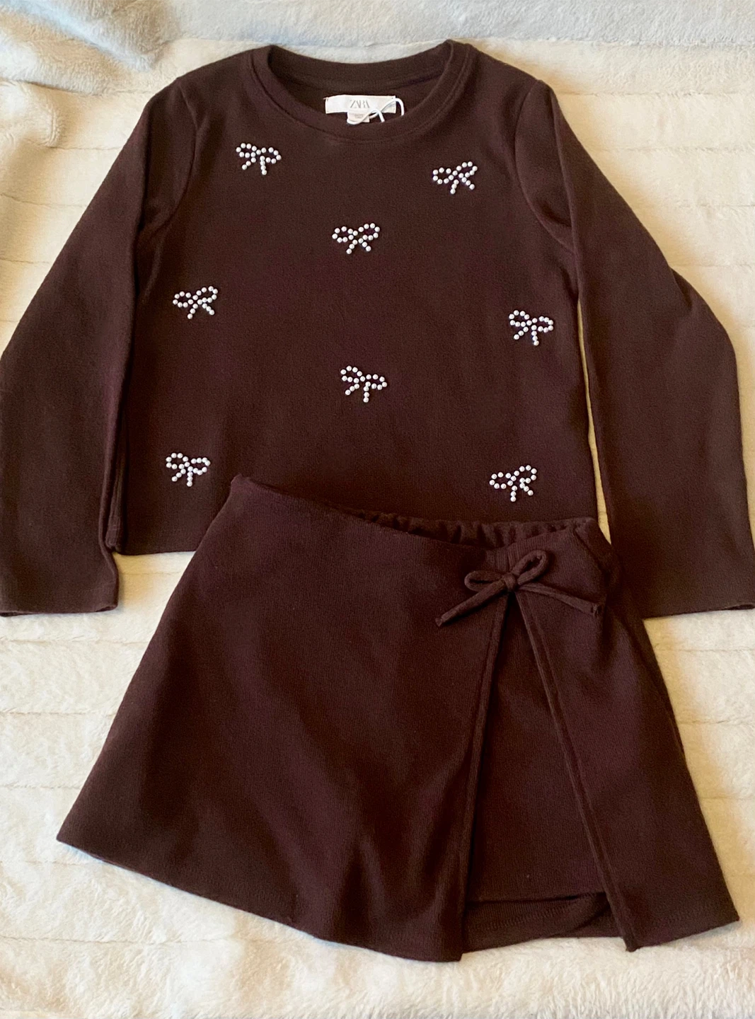 NEW! ZARA Girls Brown Pearl Bow Knit Sweater & Skort