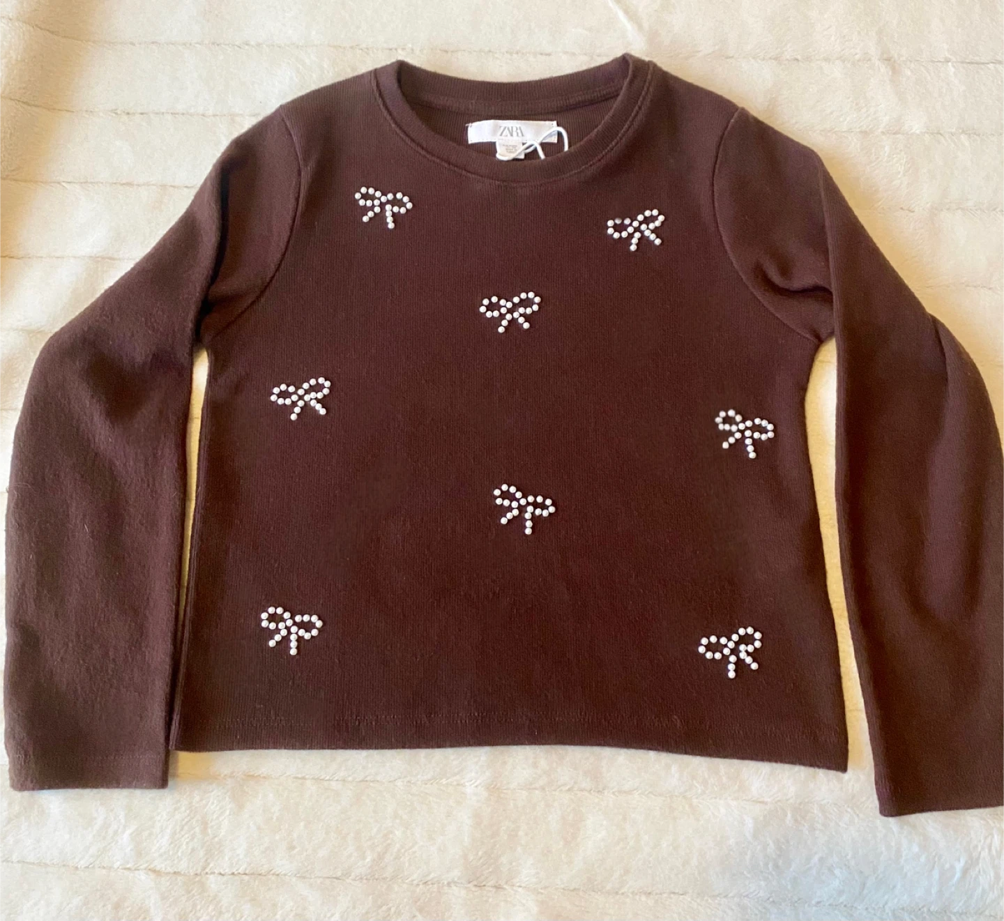 NEW! ZARA Girls Brown Pearl Bow Knit Sweater & Skort - photo 2
