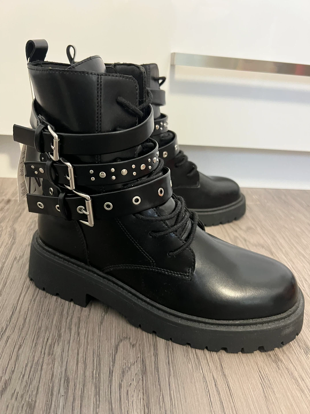 Black Lace-up Buckle Boots - Size 38