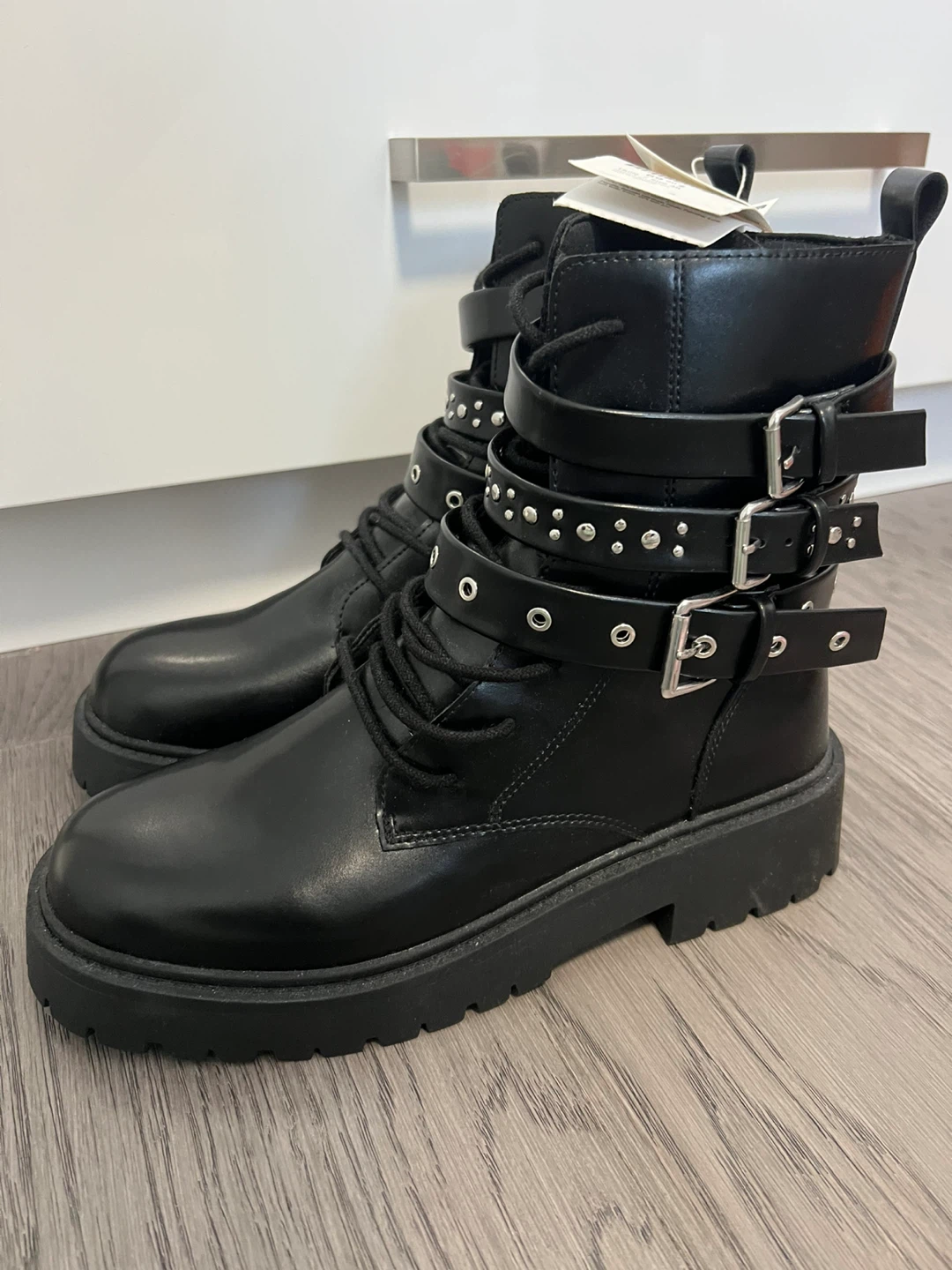 Black Lace-up Buckle Boots - Size 38 - photo 3