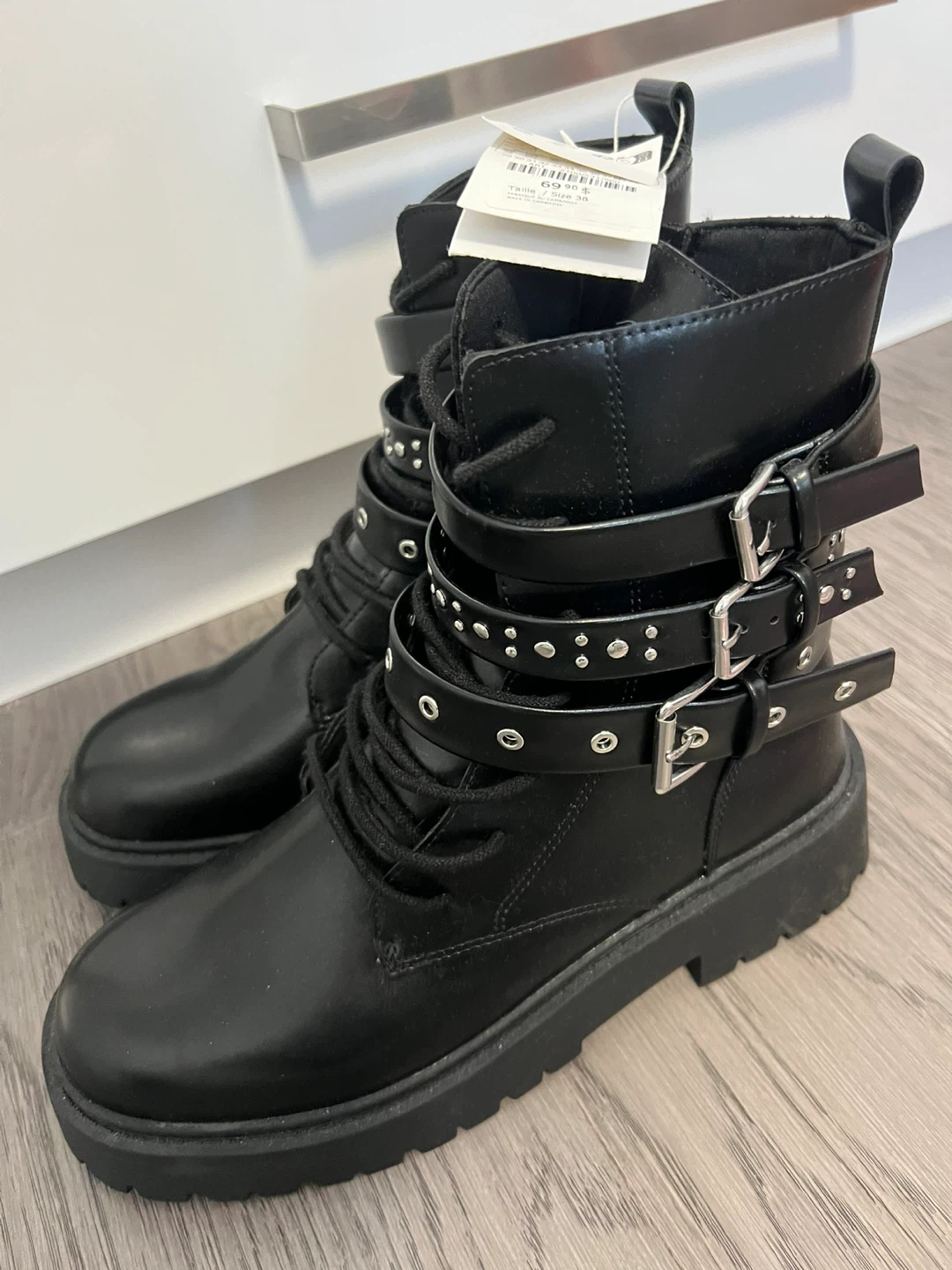 Black Lace-up Buckle Boots - Size 38 - photo 2