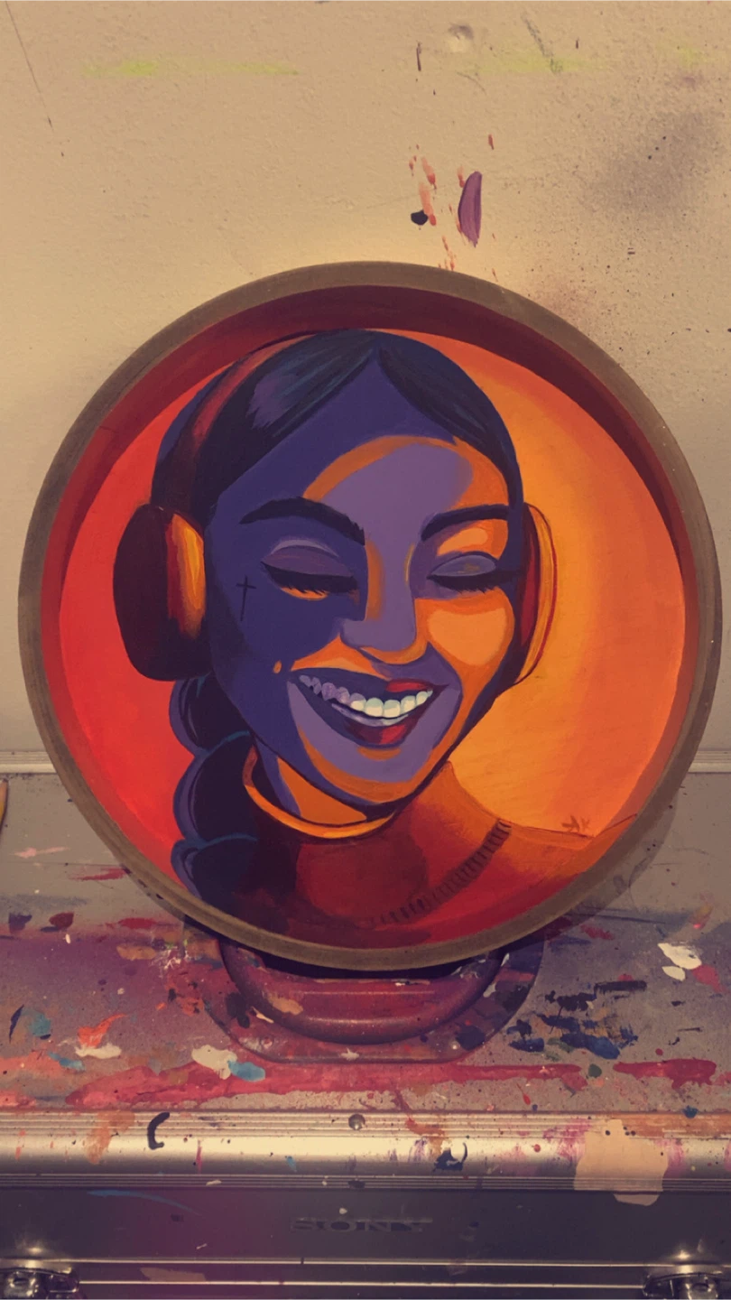 Round wood Painting of Woman with Headphones