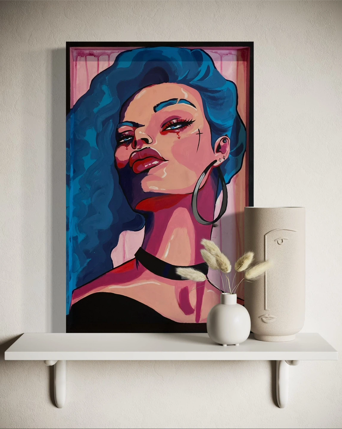 Portrait Painting of Woman with Blue Hair