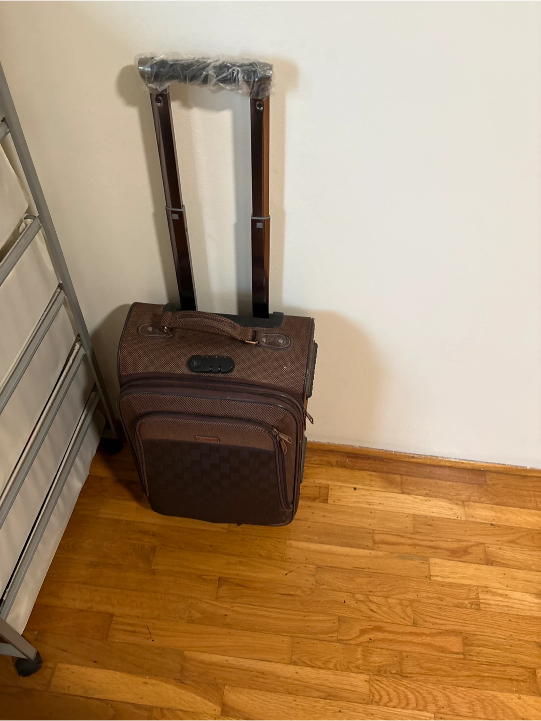 Brown Rolling Suitcase with Checkered Pattern - photo 3