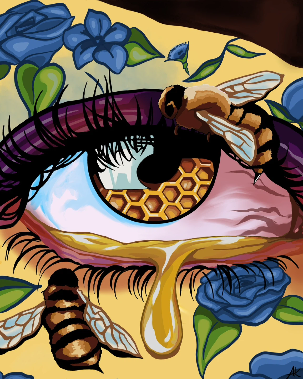 Surrealist Art Print - Eye with Bees and Honeycomb