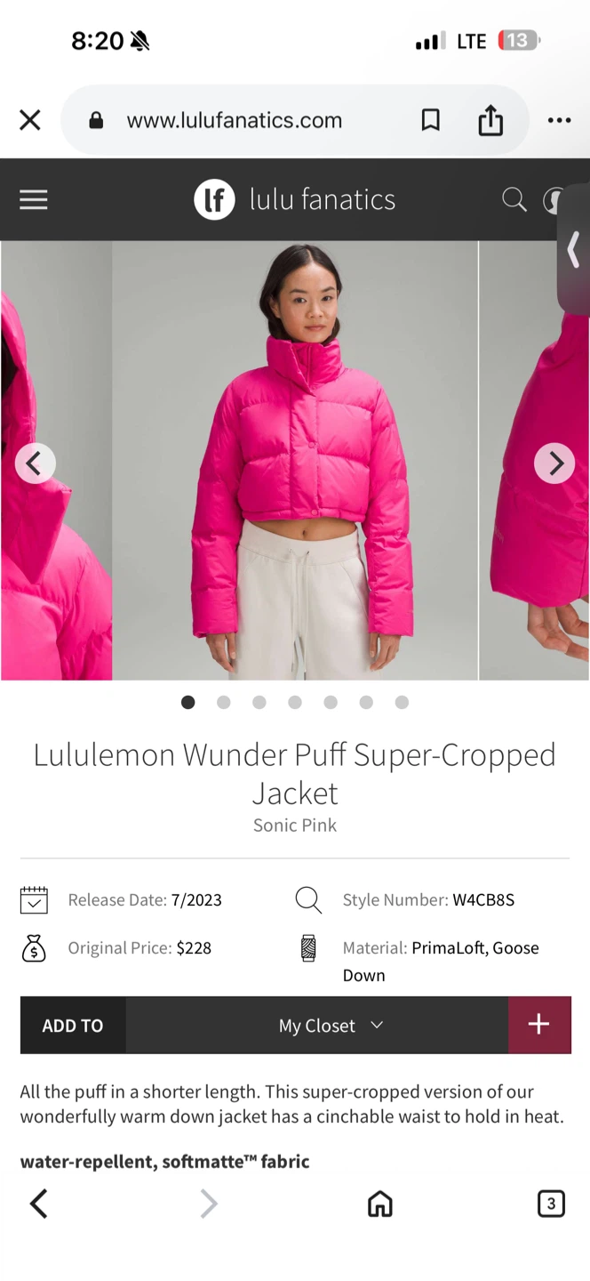 Lululemon Wunder Puff Super-Cropped Jacket - Size 4
