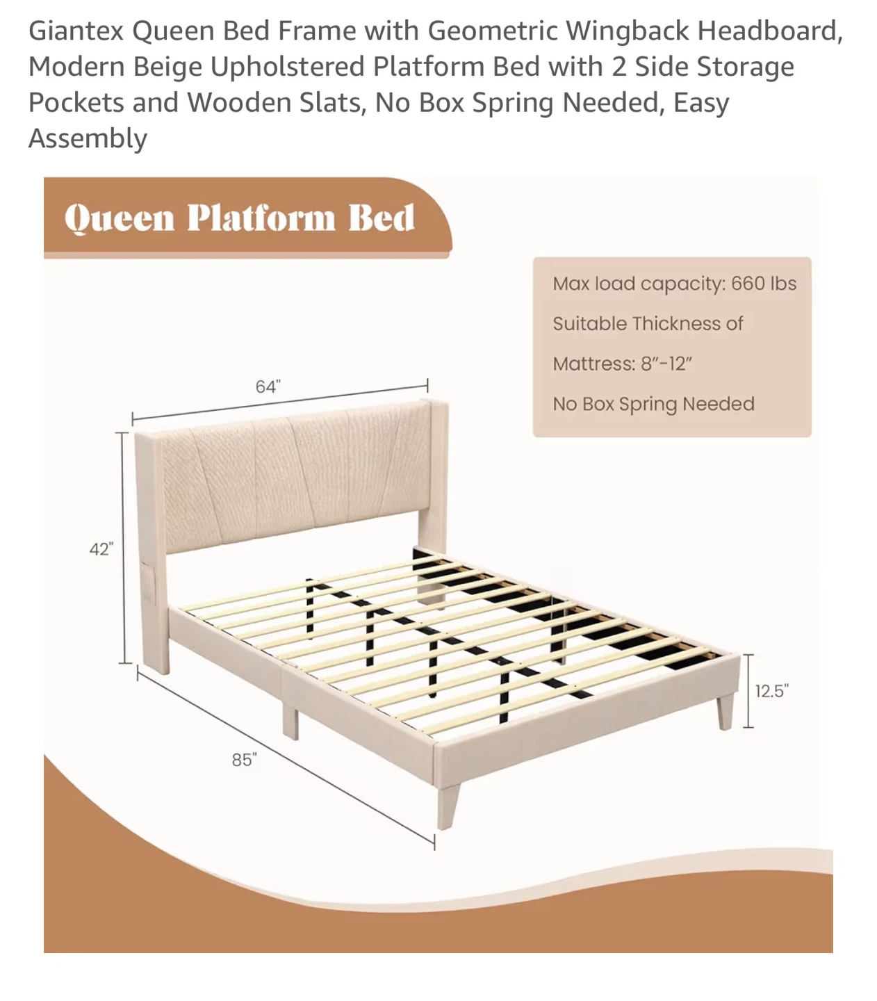 Queen Bed Frame - Beige Upholstered Platform Bed