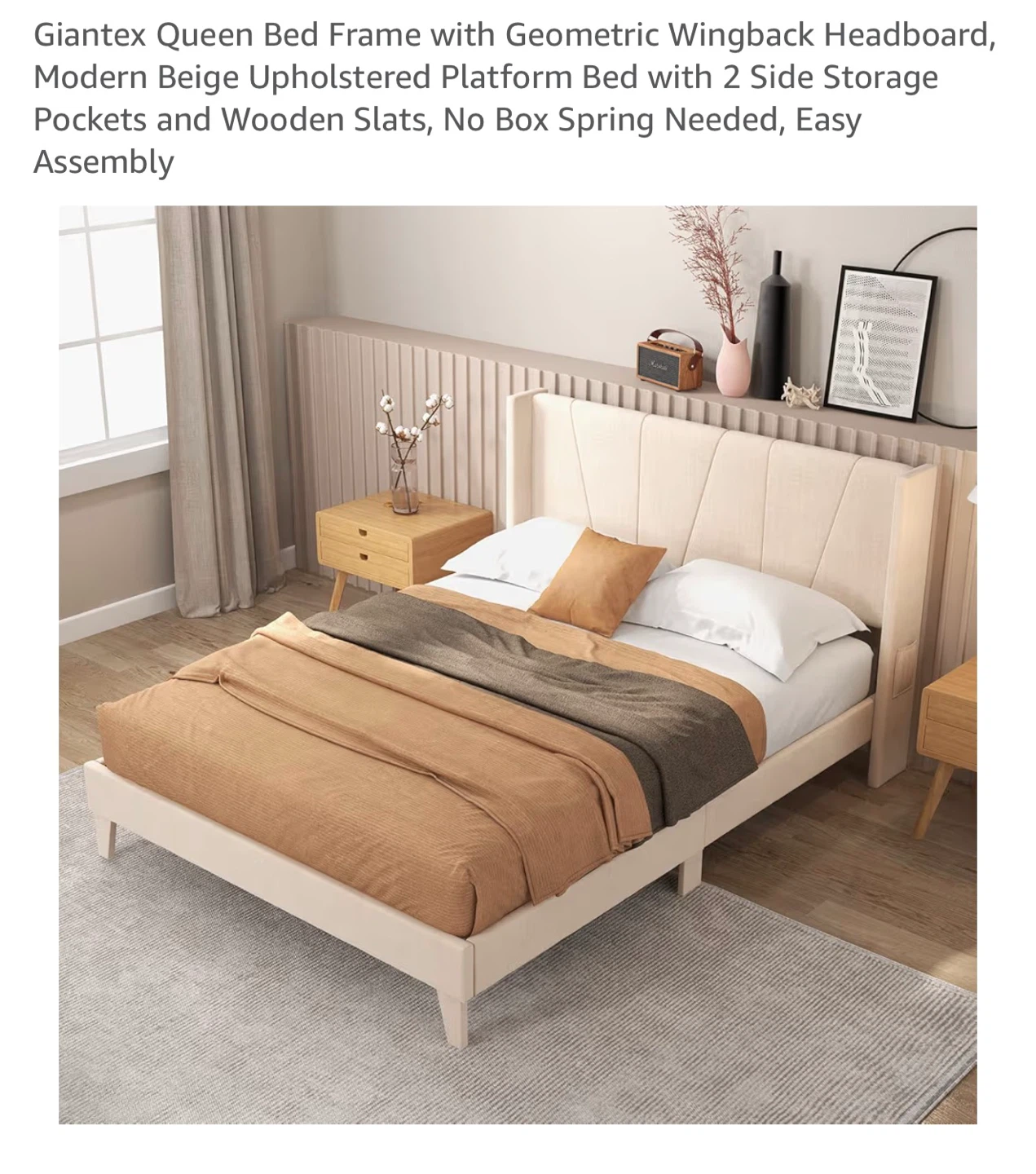 Queen Bed Frame - Beige Upholstered Platform Bed - photo 2