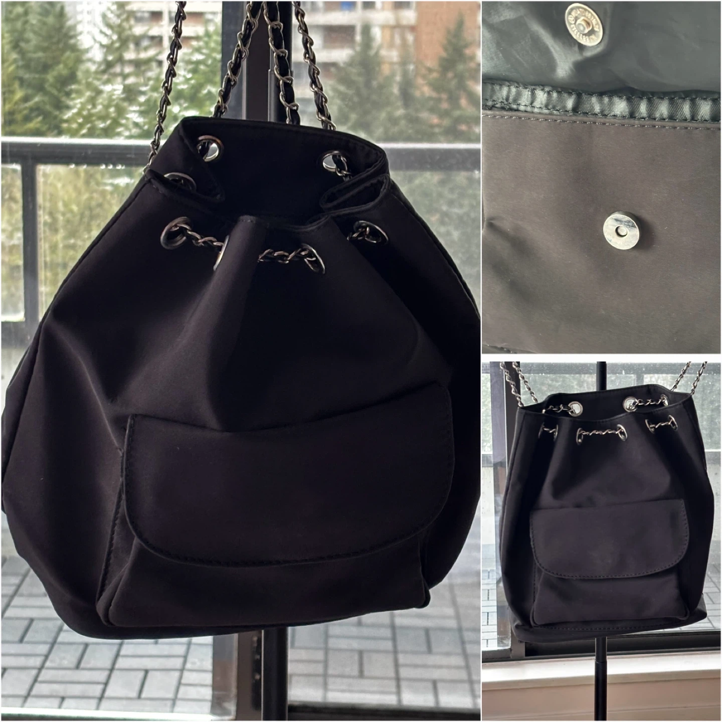 Black Drawstring Backpack with Chain Strap