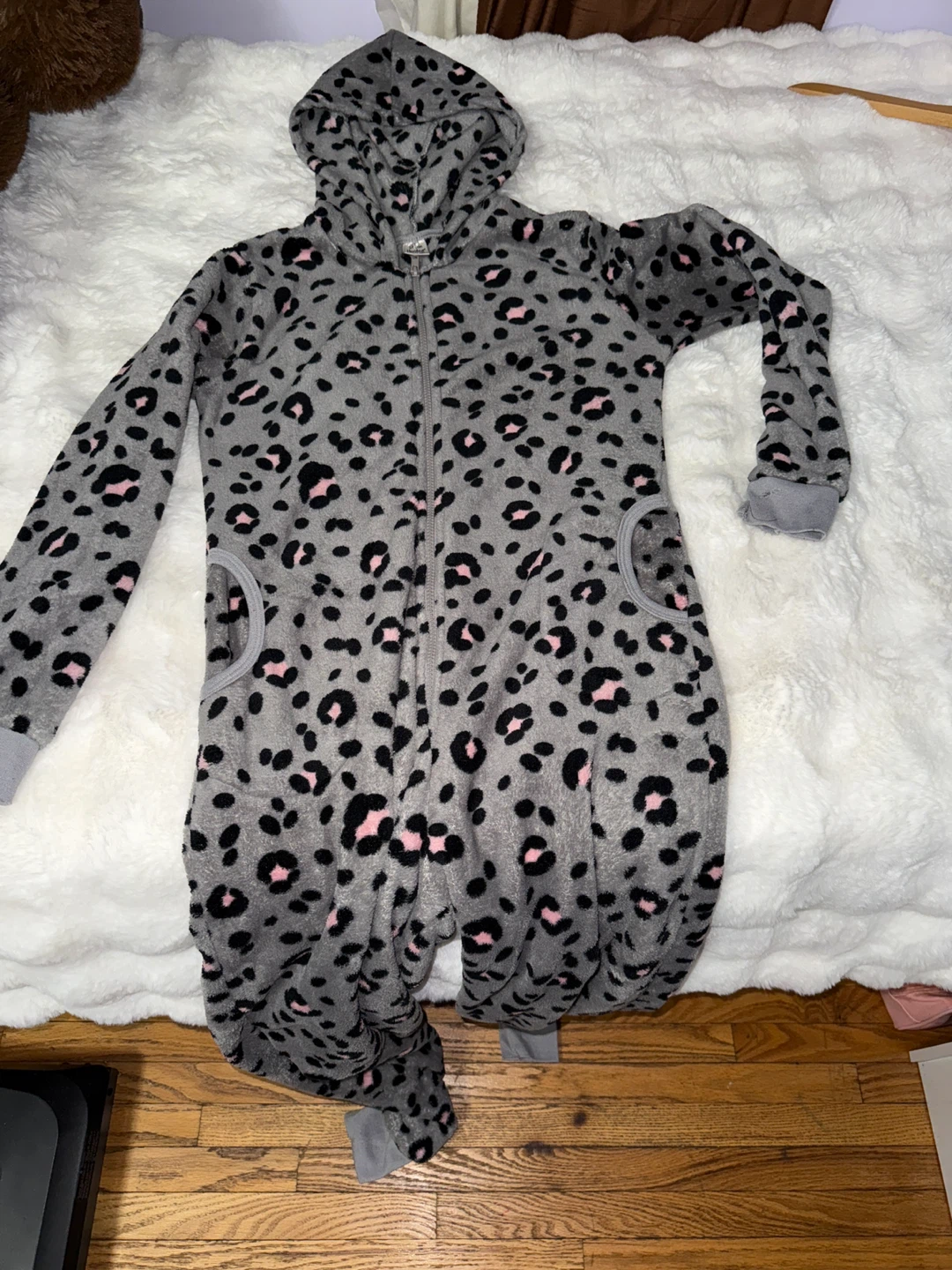 Girls Grey Leopard Print Fleece Onesie Pajamas