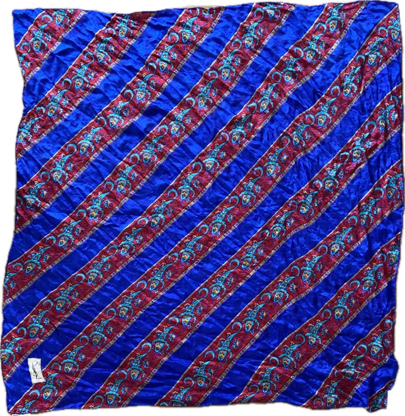 Yves Saint Laurent Silk Scarf Blue Red Vintage 41"