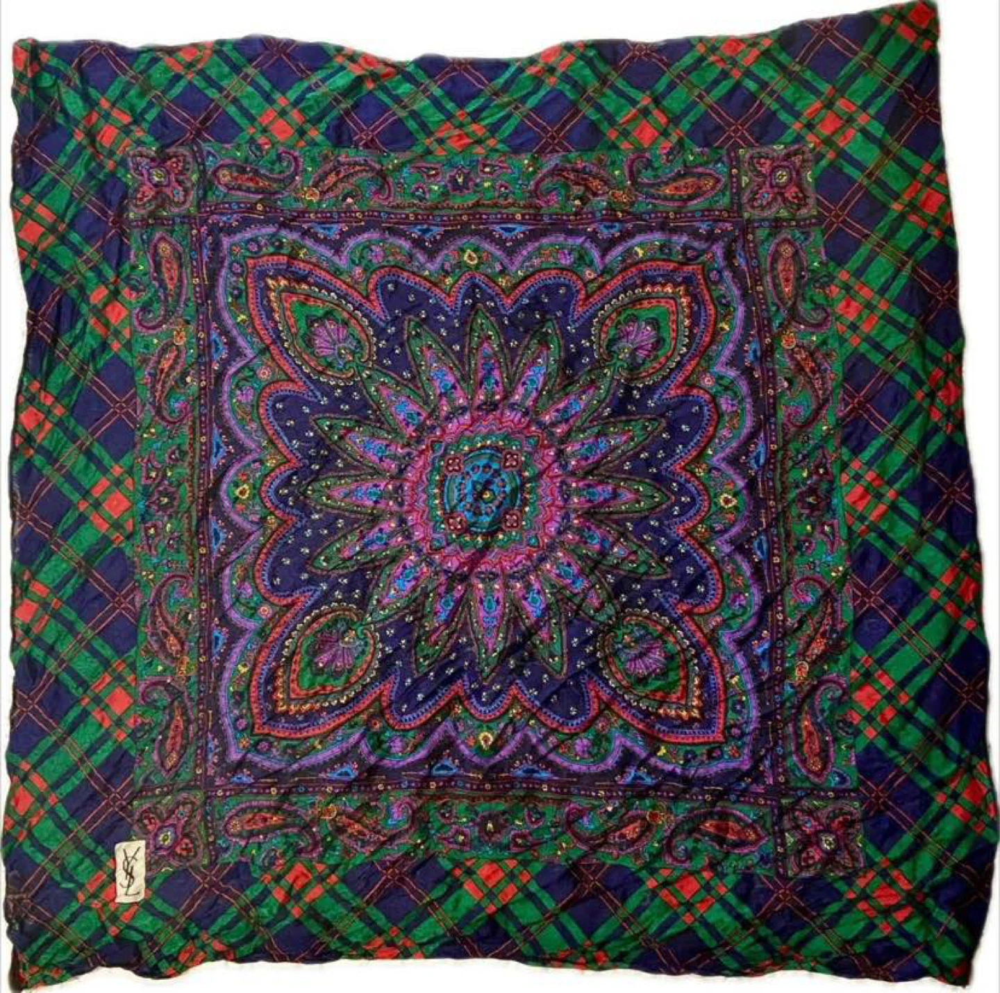 Yves Saint Laurent Vintage Silk Scarf Flower Paisley Red 35"