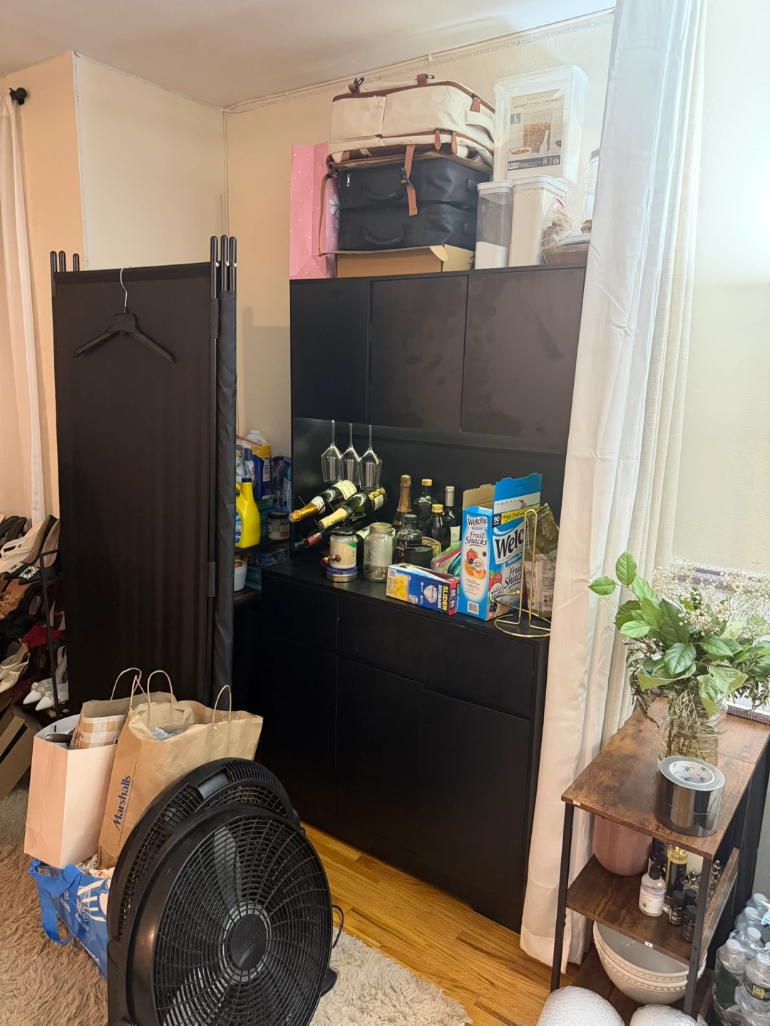 Black Storage Cabinet with Wine Glass Rack