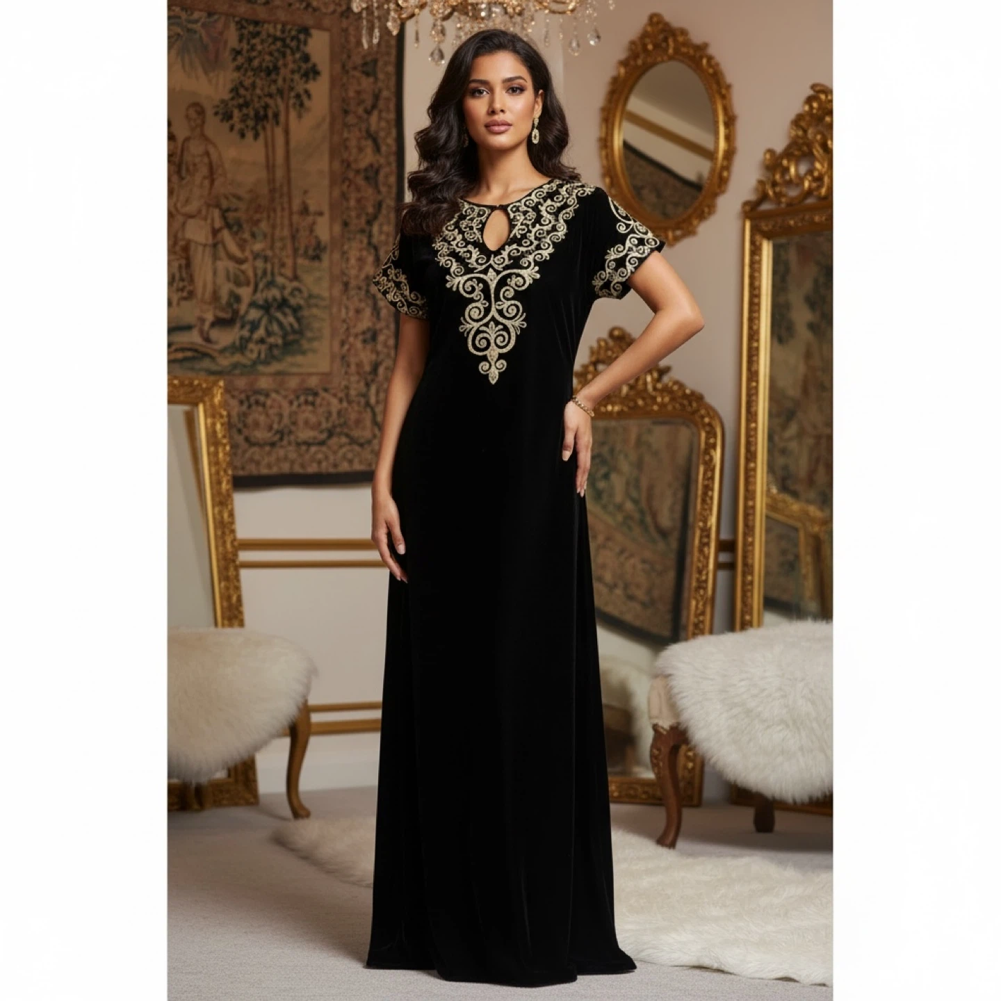 Black Velvet Dress with Gold Embroidery