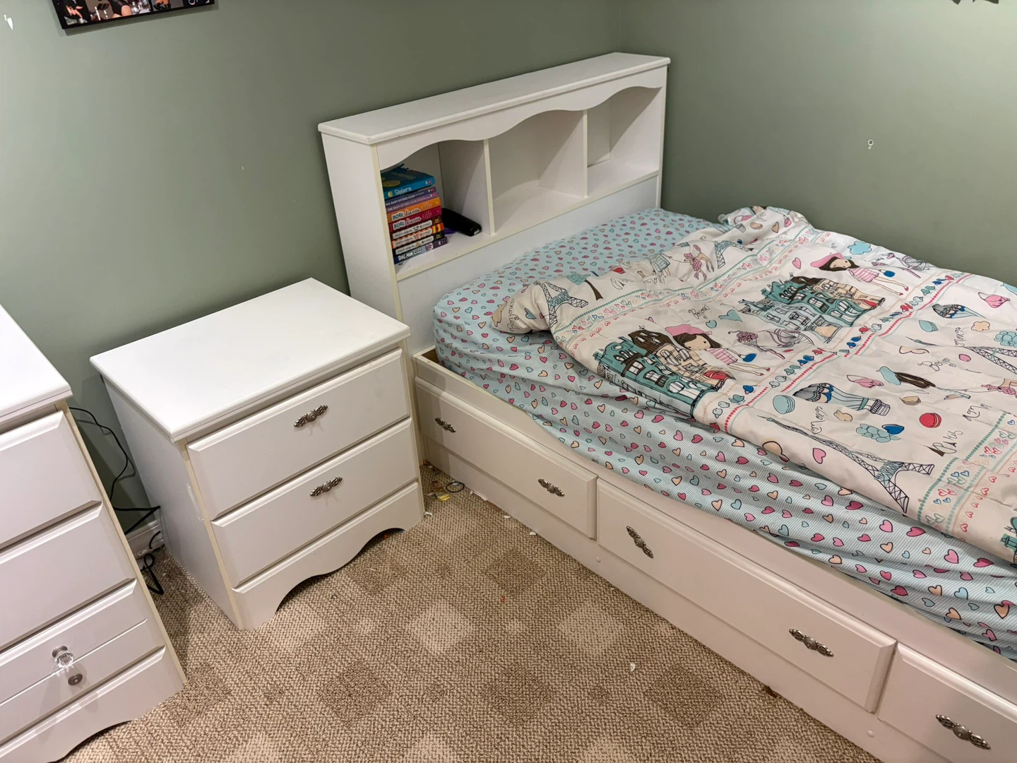 White Twin Bed with Headboard and Drawers