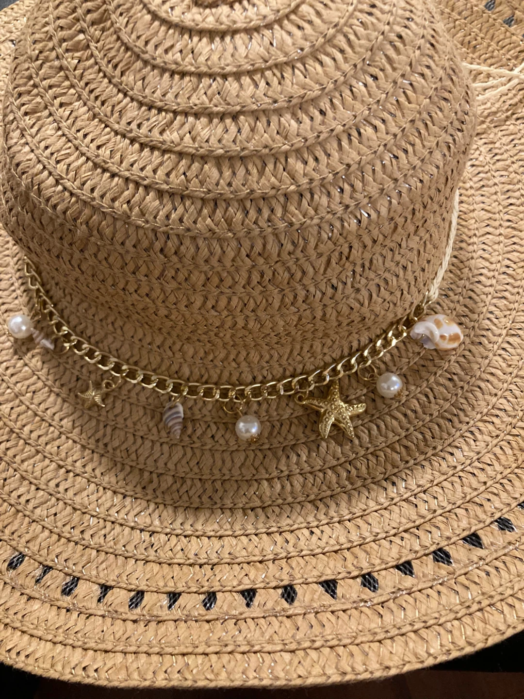 Straw Sun Hat with Seashell and Starfish Charm Chain