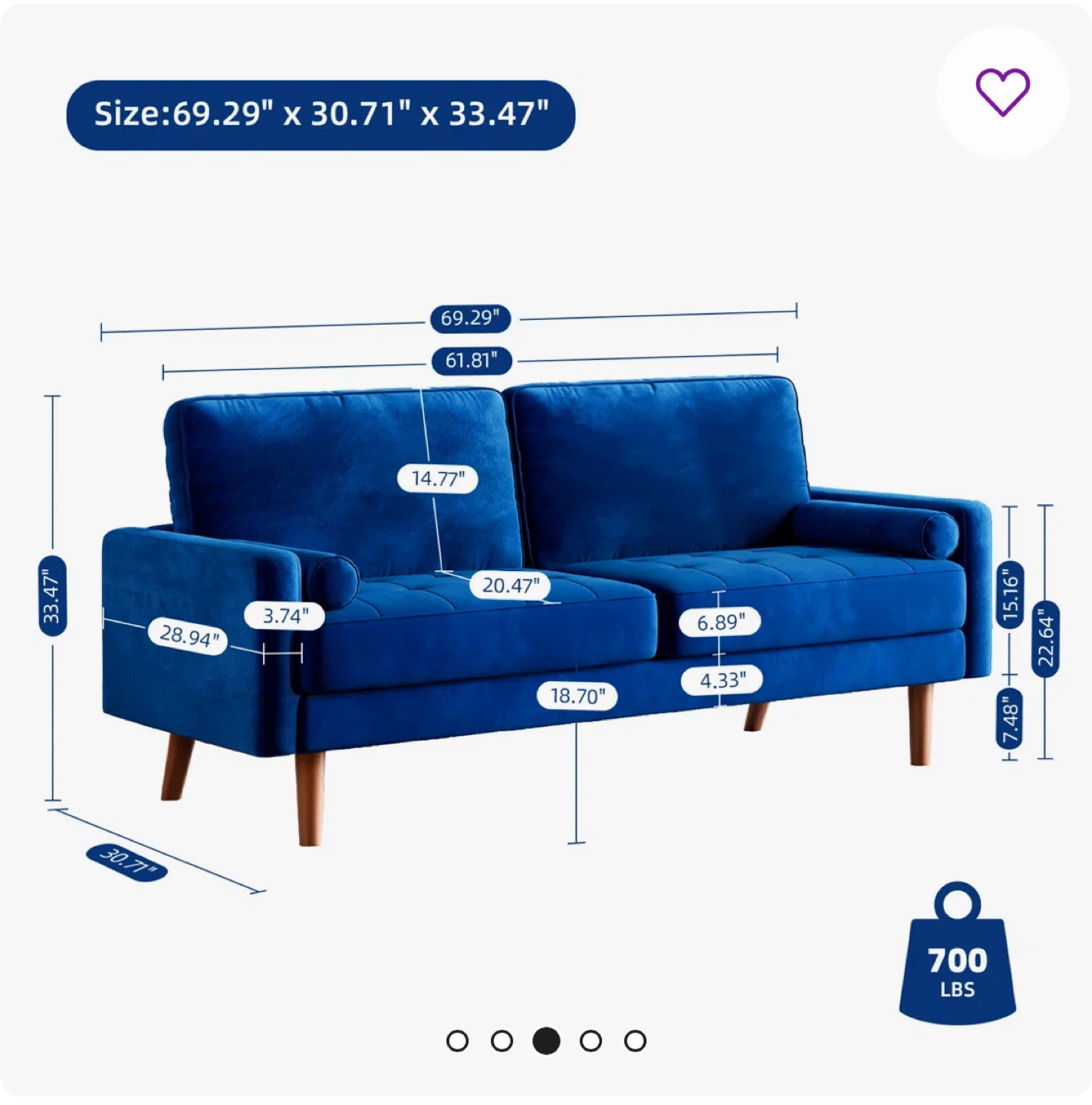 Blue Velvet Loveseat Sofa with Tufted Seat - photo 5
