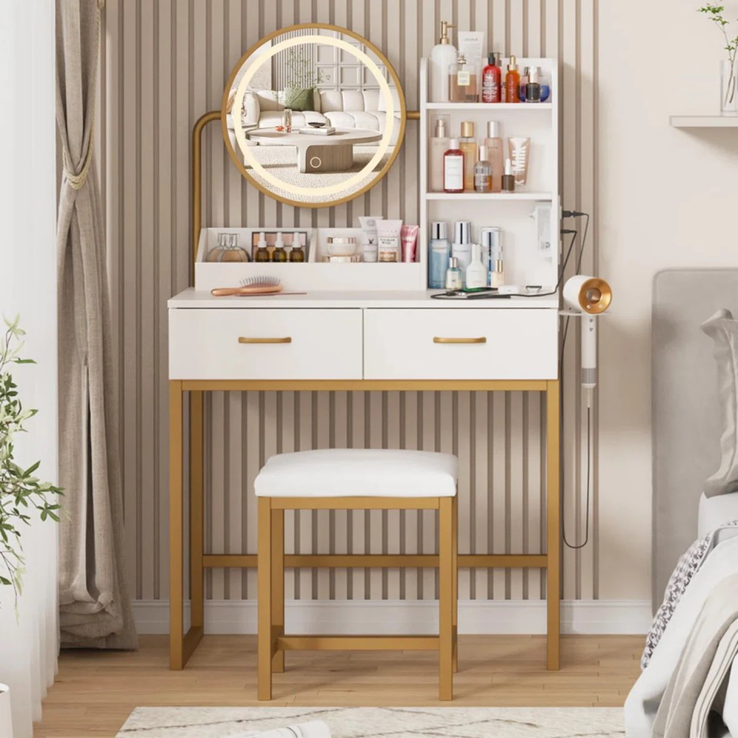 Vanity Table with LED Mirror and Stool