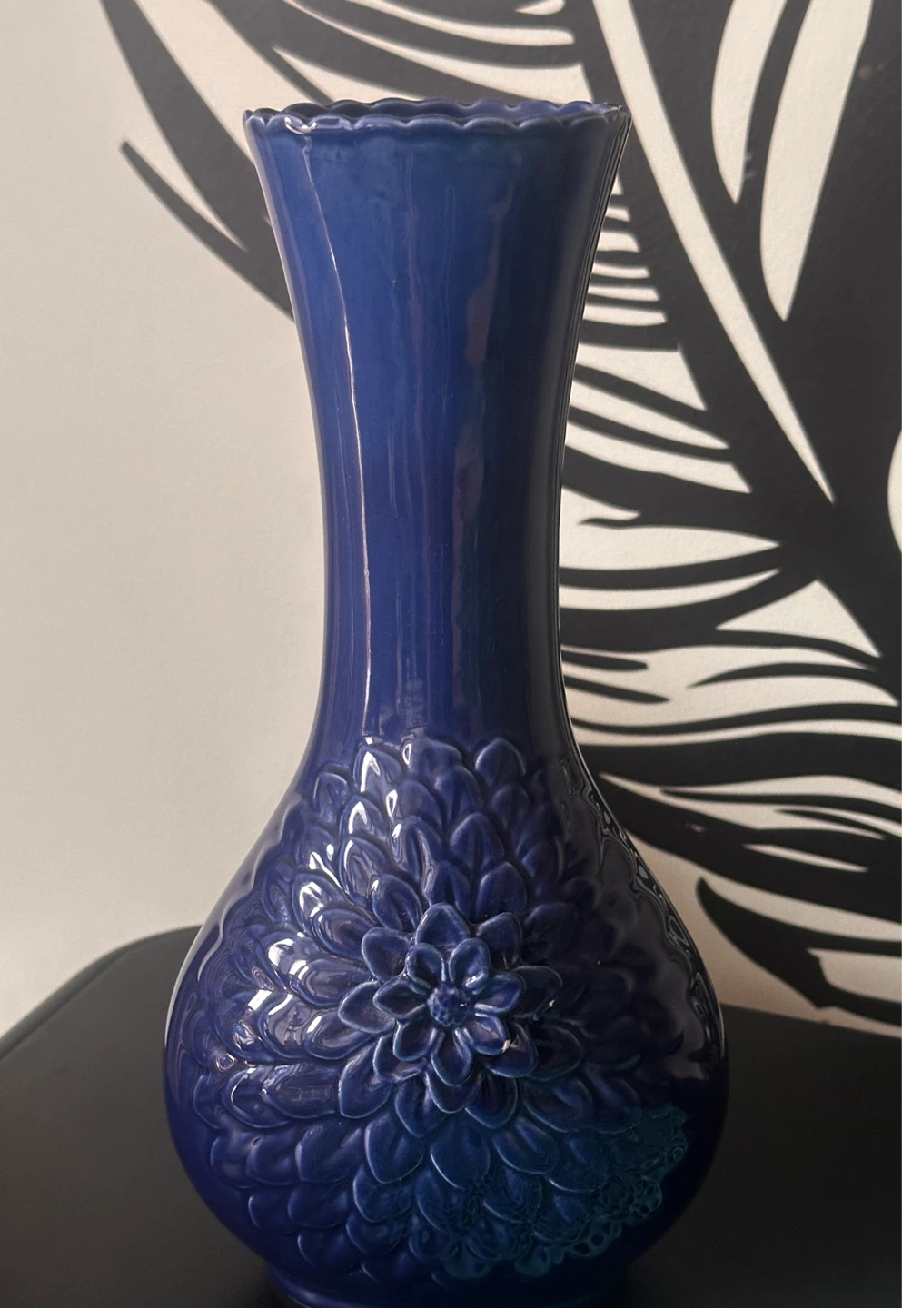 Dark Blue Ceramic Vase with Floral Embossing