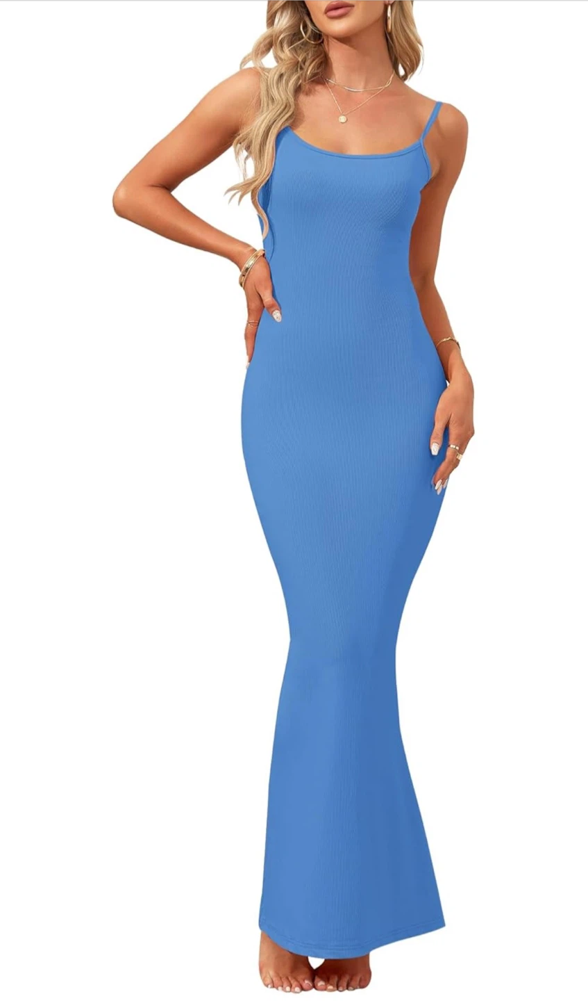 NEW! WNEEDU Blue Sexy Ribbed Spaghetti Strap Bodycon Maxi Dress
