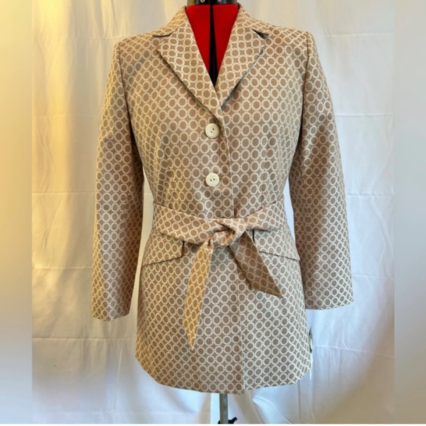 Le Suit Women's Taupe & Ivory Patterned Belted Coat - Size 16 - photo 2