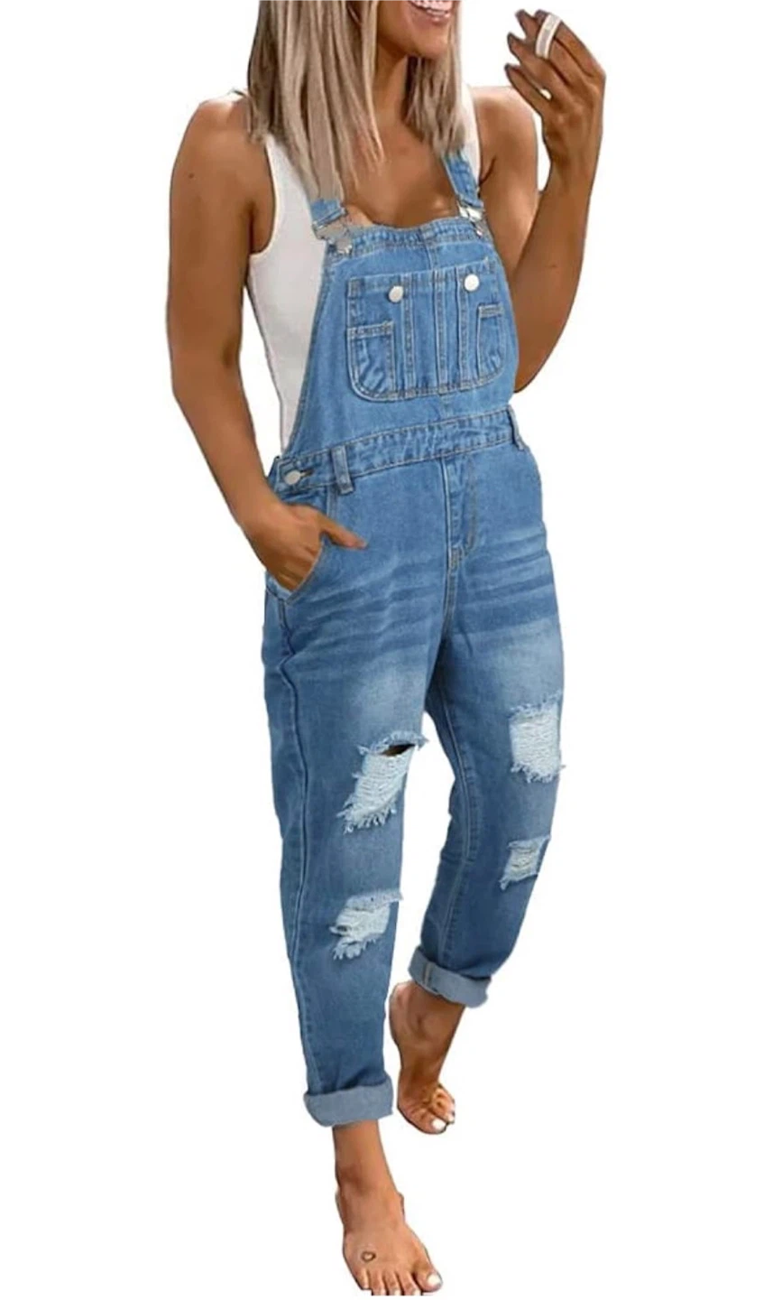 NEW! Women's Ripped Distressed Denim Adjustable Straps Overalls