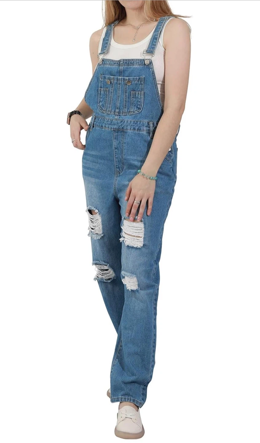 NEW! Women's Ripped Distressed Denim Adjustable Straps Overalls - photo 5