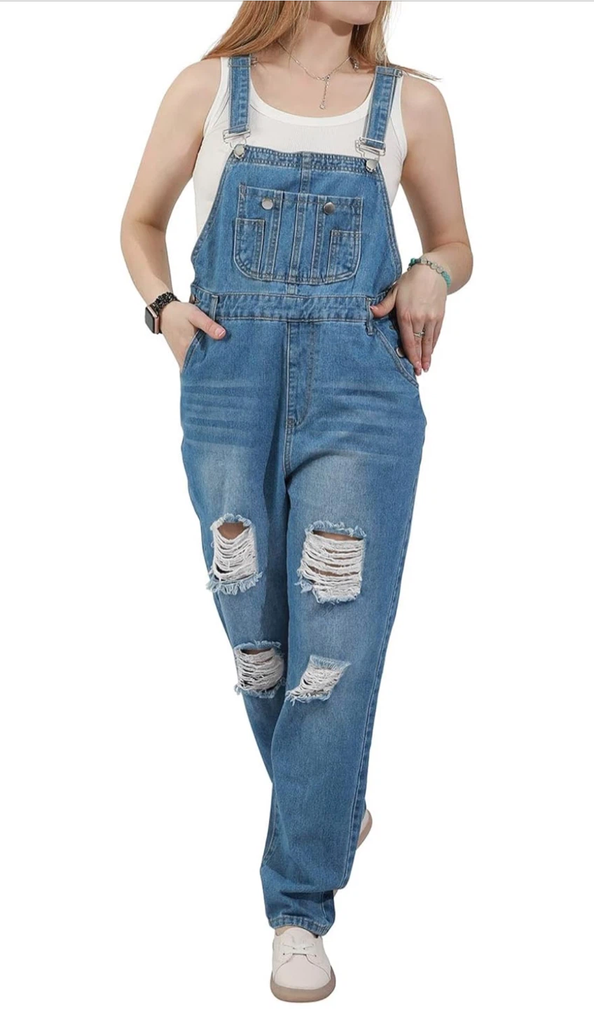 NEW! Women's Ripped Distressed Denim Adjustable Straps Overalls - photo 4